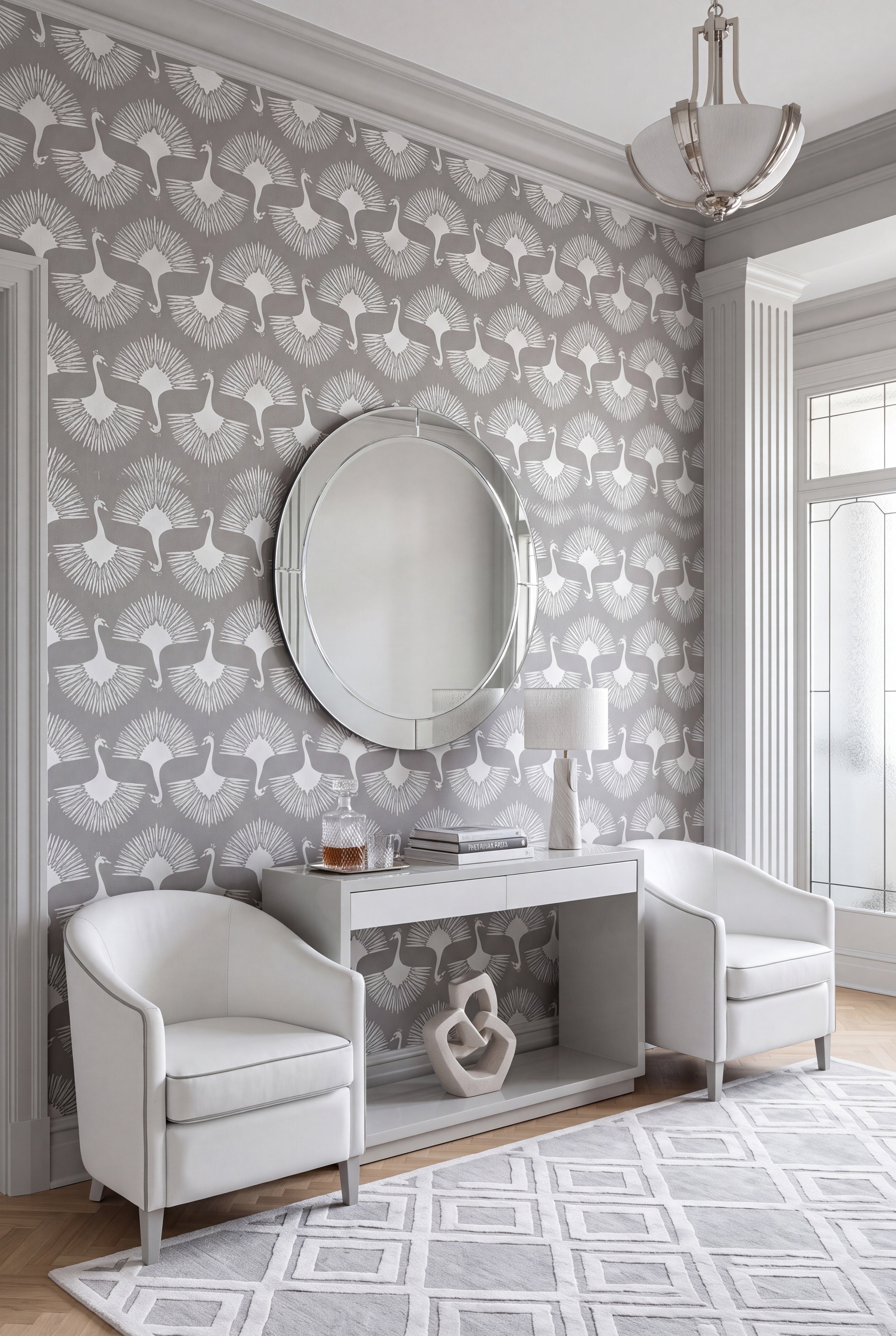 Swan Soirée wallpaper shown in a living room
