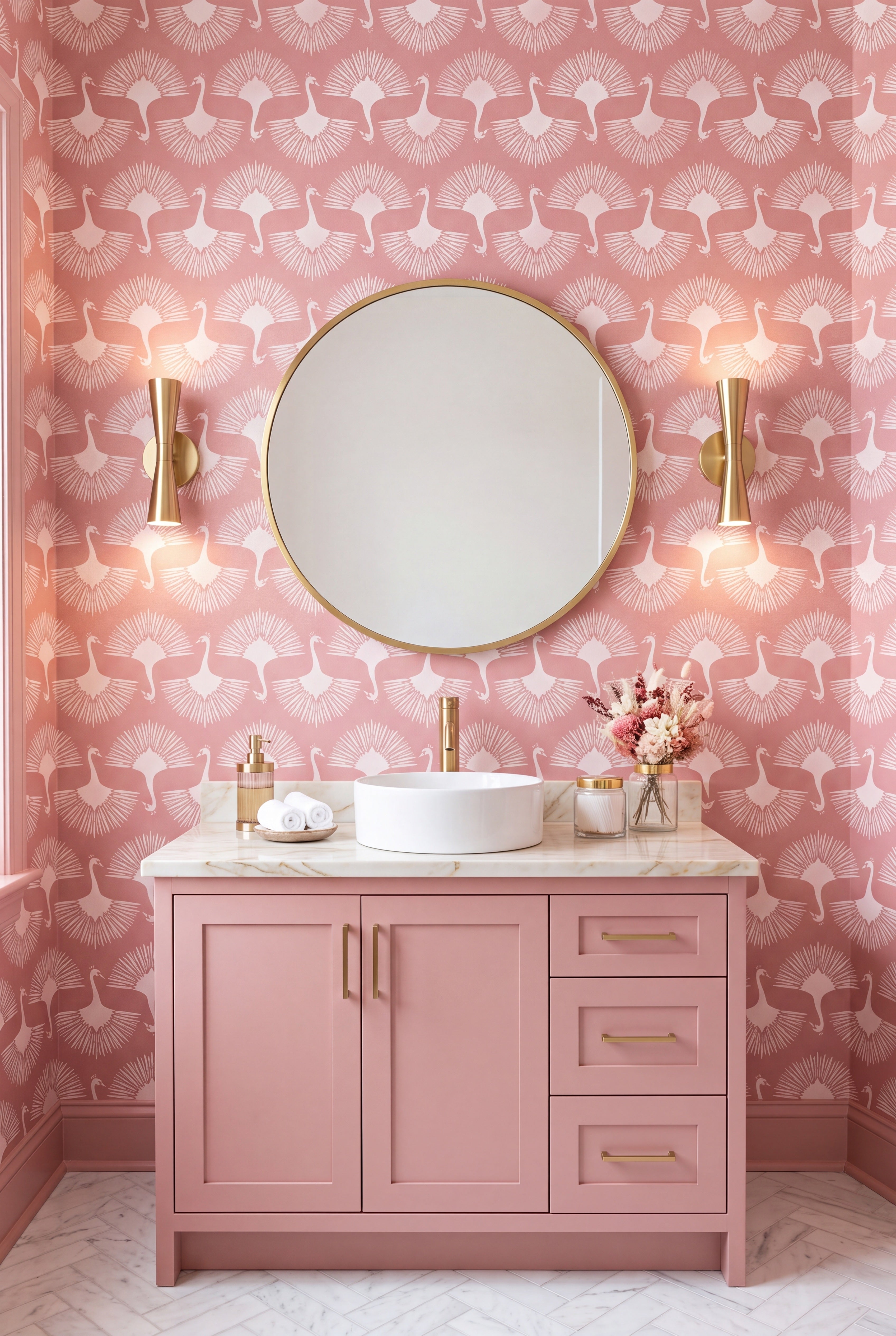 Blush Swan wallpaper shown in a powder room