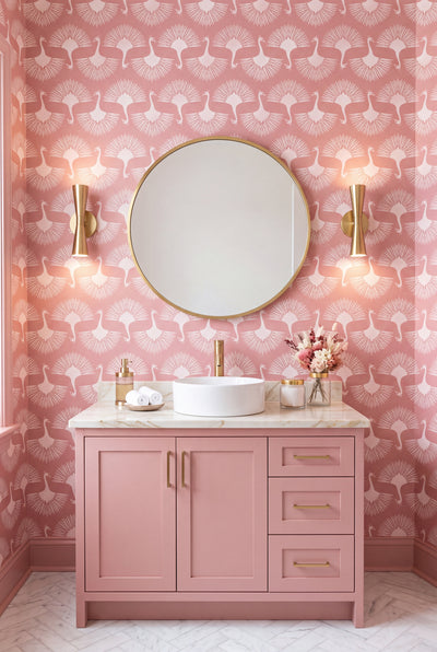 Blush Swan wallpaper shown in a powder room