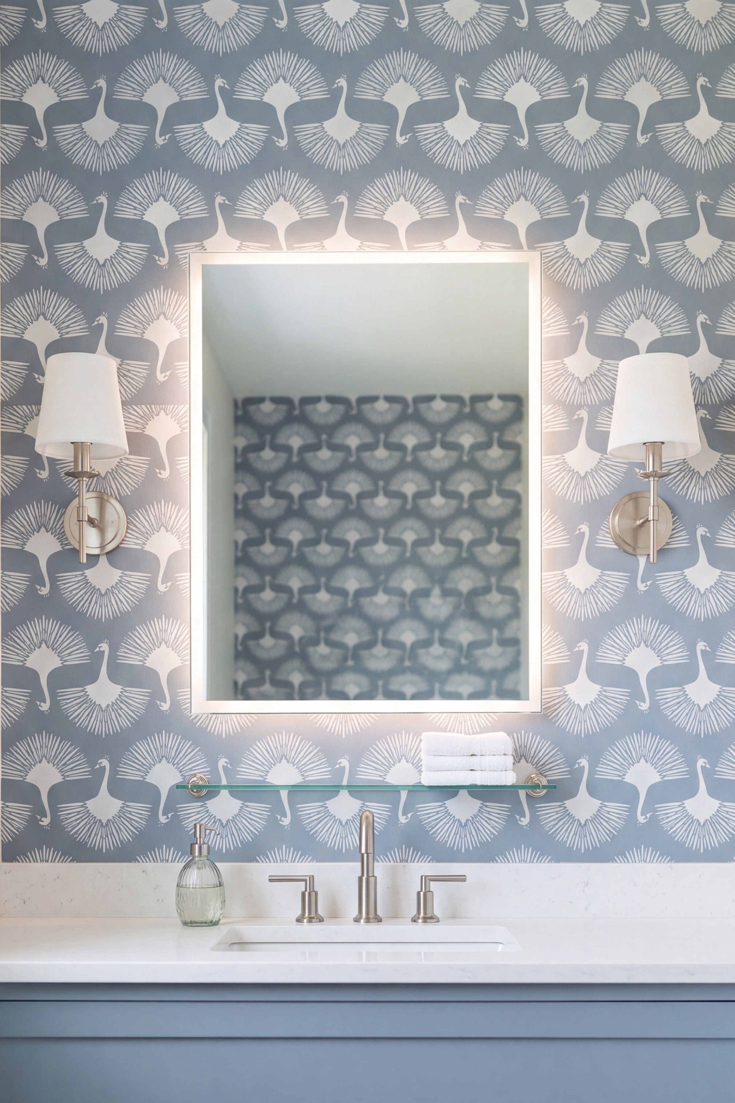 Powder Plume wallpaper shown in a powder room