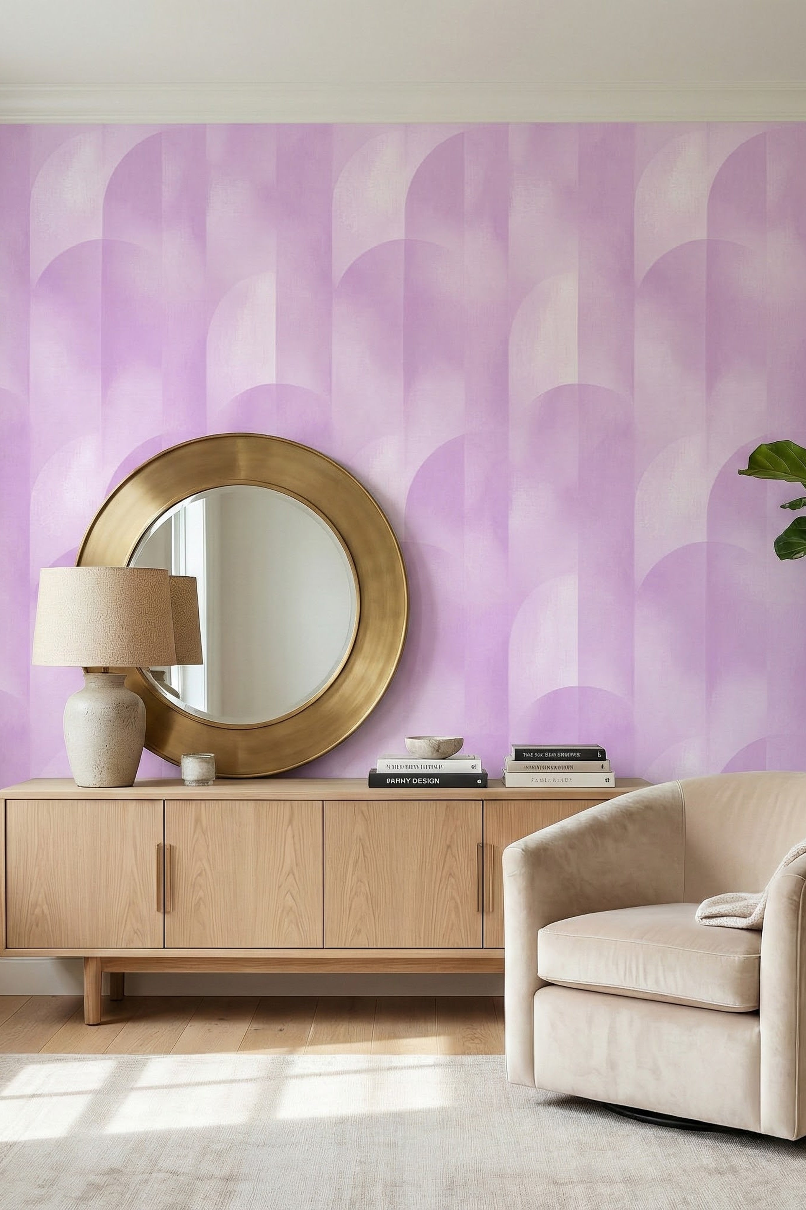 Lilac Arcade wallpaper shown in a reading corner