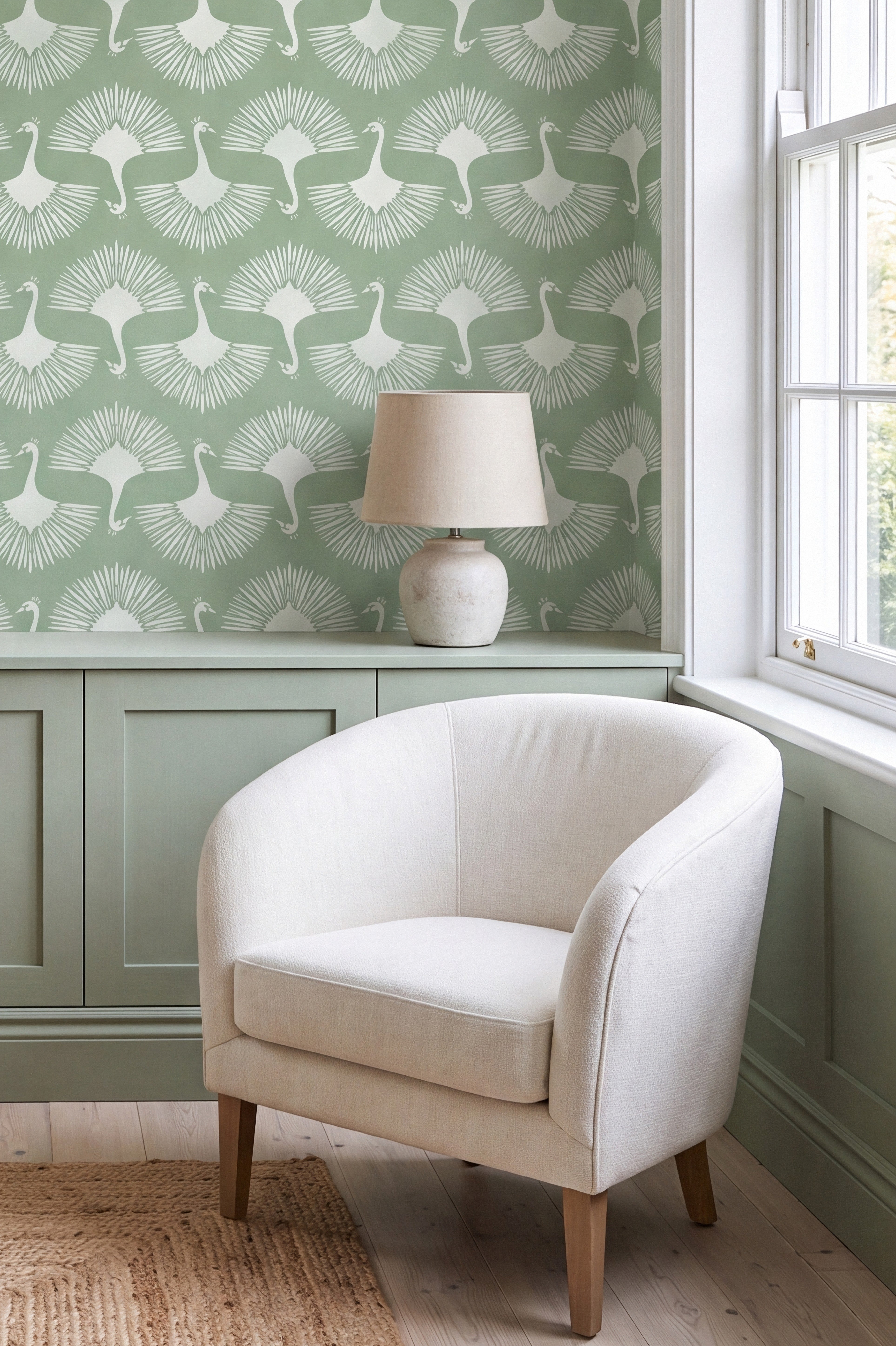 Sage Plume wallpaper shown in a living room
