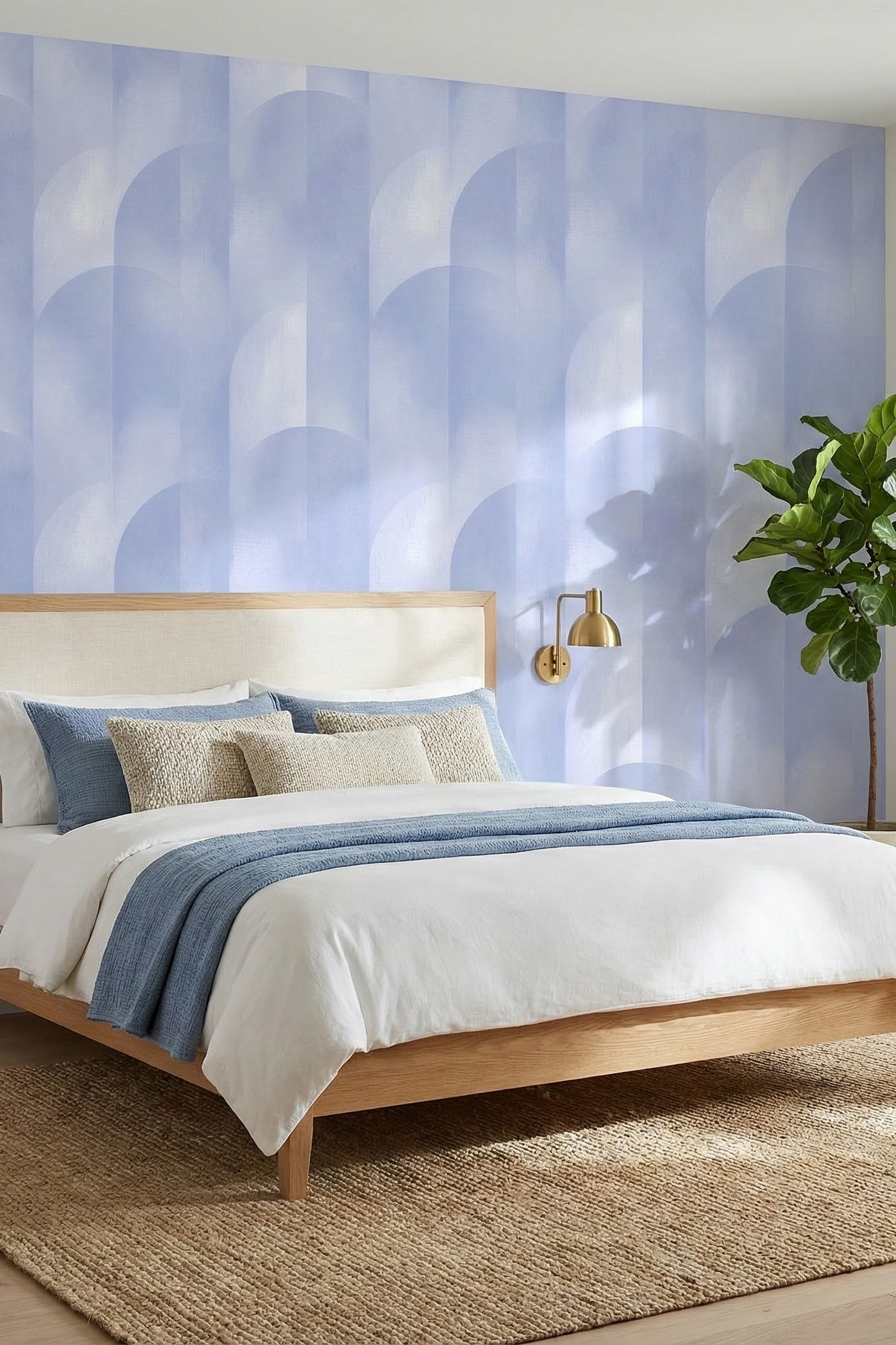 Periwinkle Arcade wallpaper shown in a bedroom