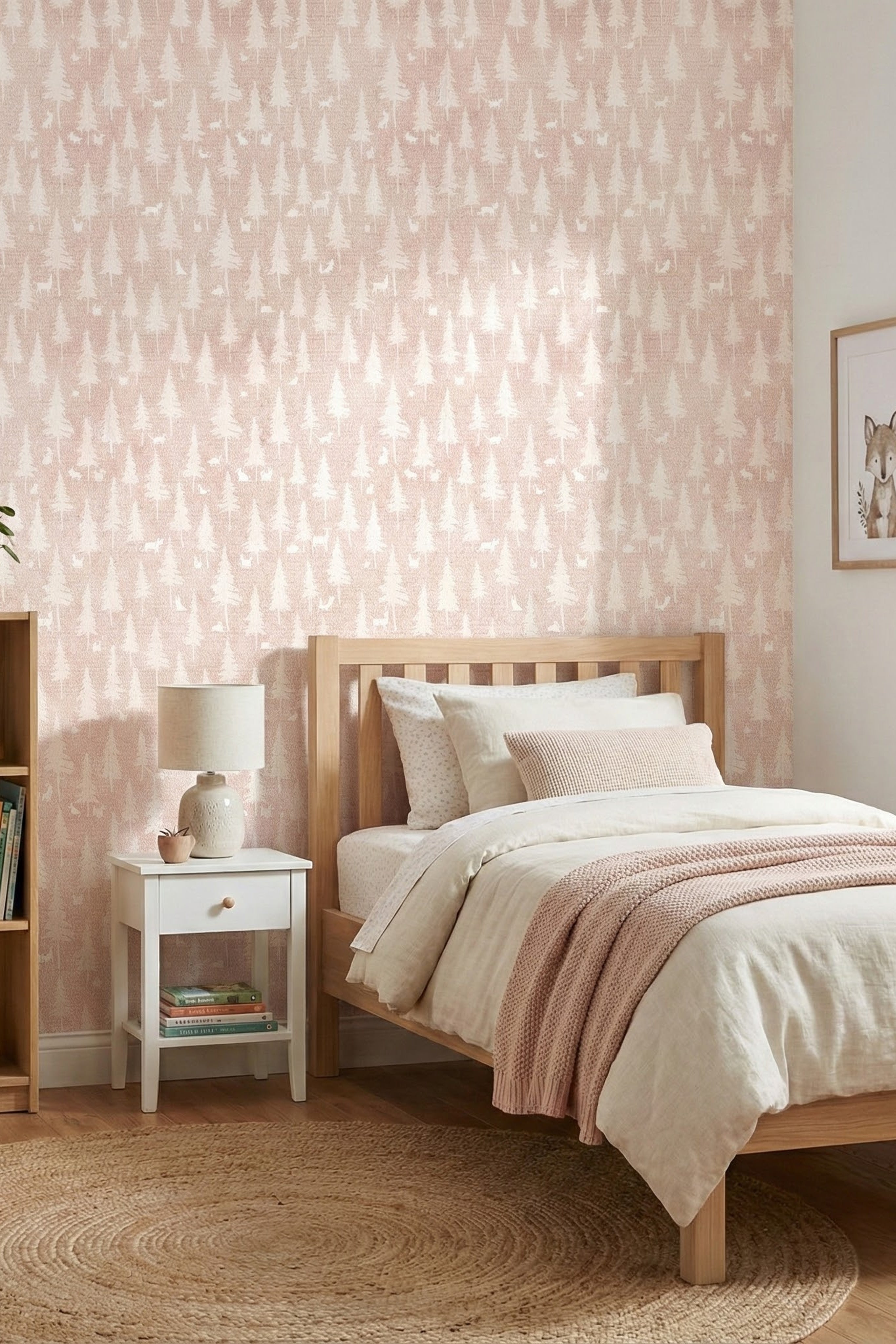 Blush Woodland wallpaper shown in a bedroom