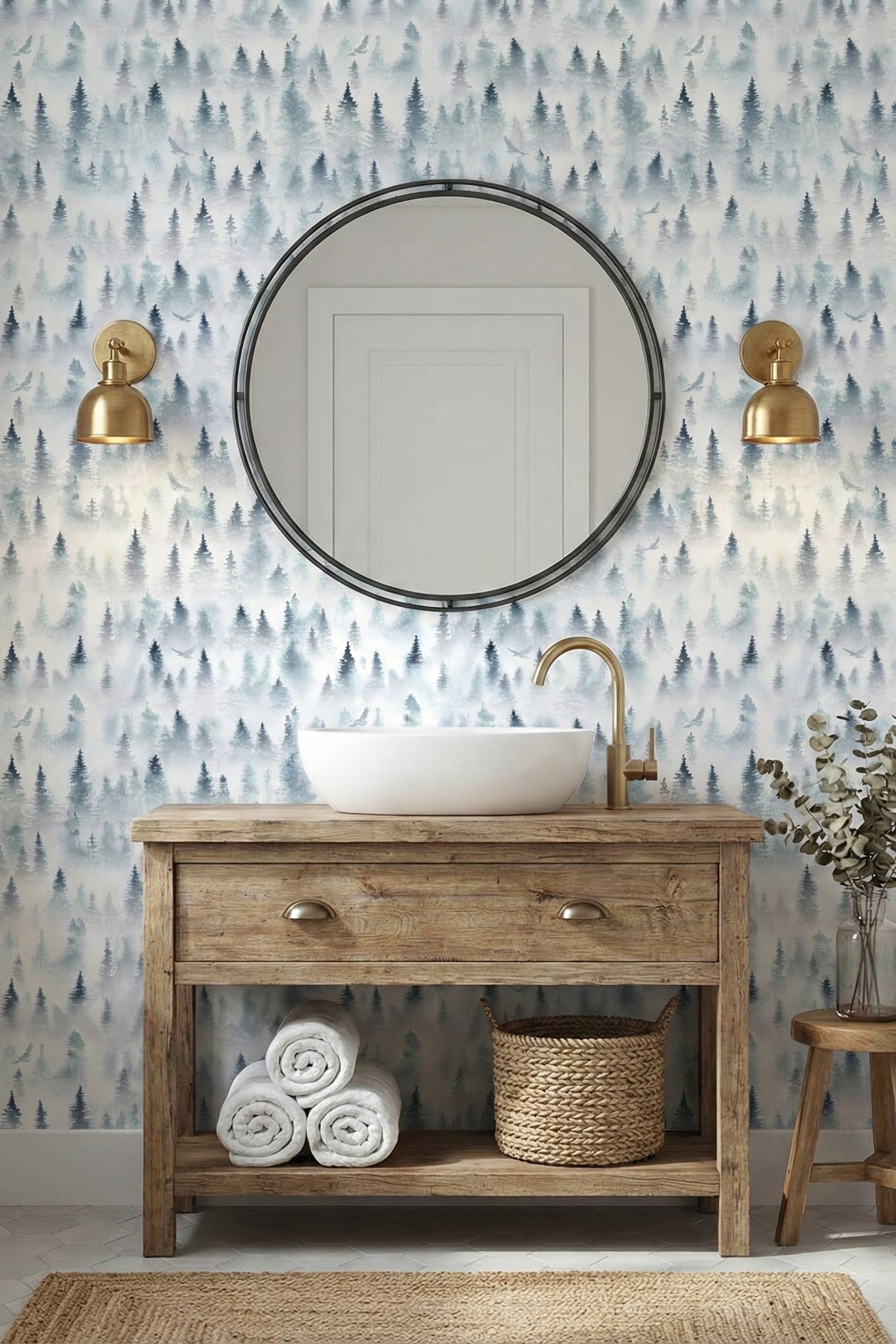 Nordic Mist wallpaper shown in a powder room