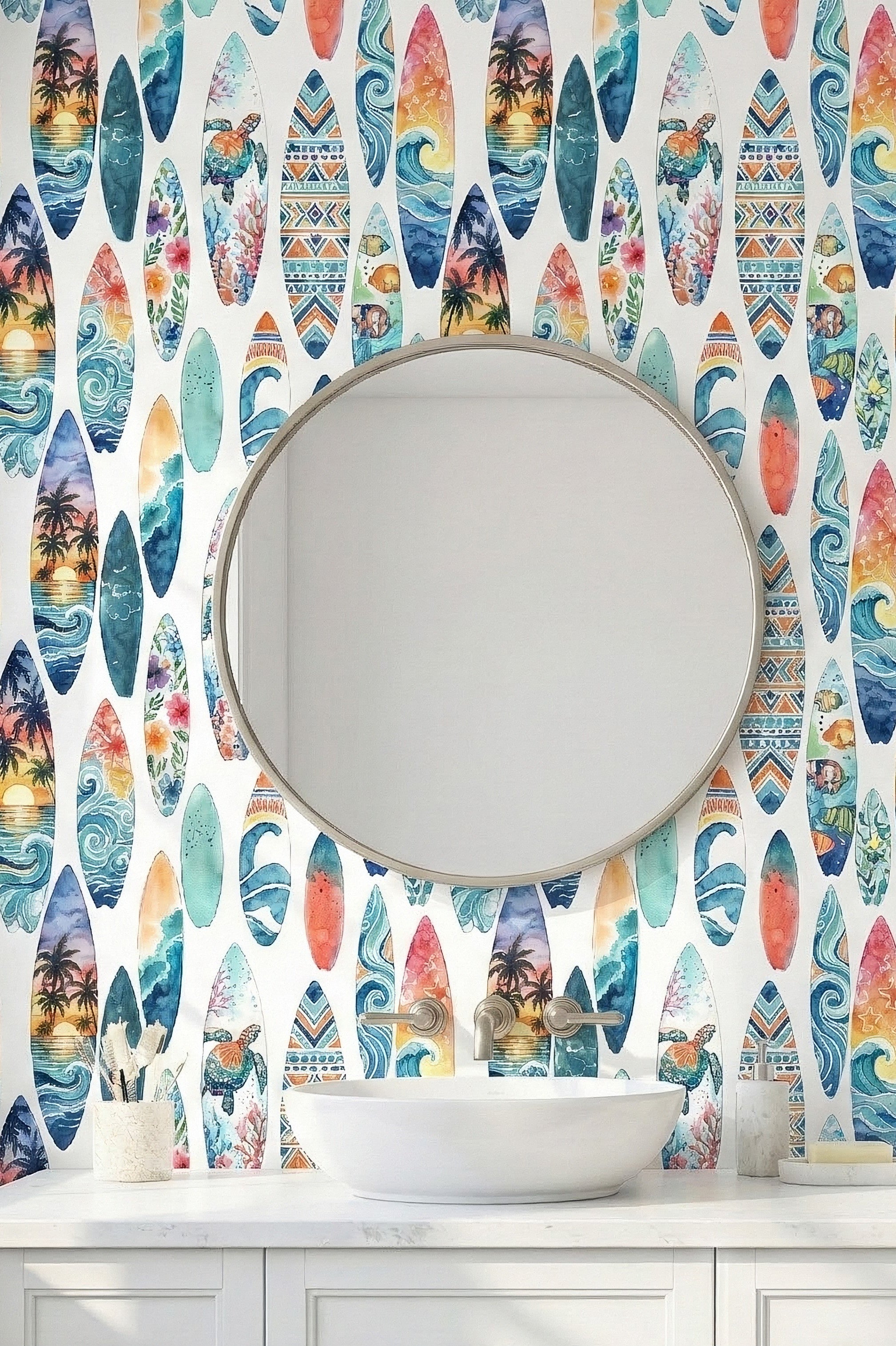 Surf's Up wallpaper shown in a powder room