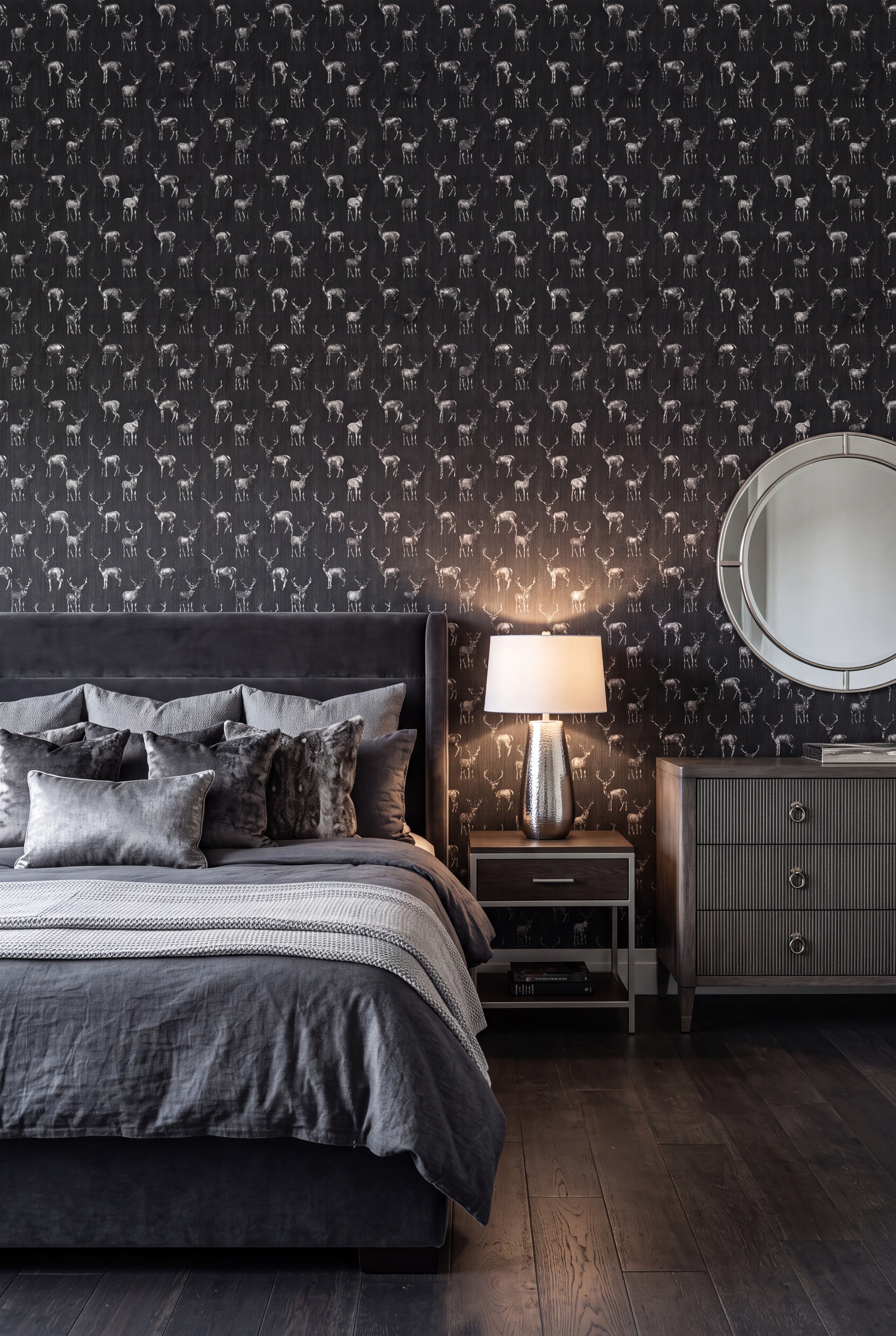 Shady Buck wallpaper shown in a bedroom