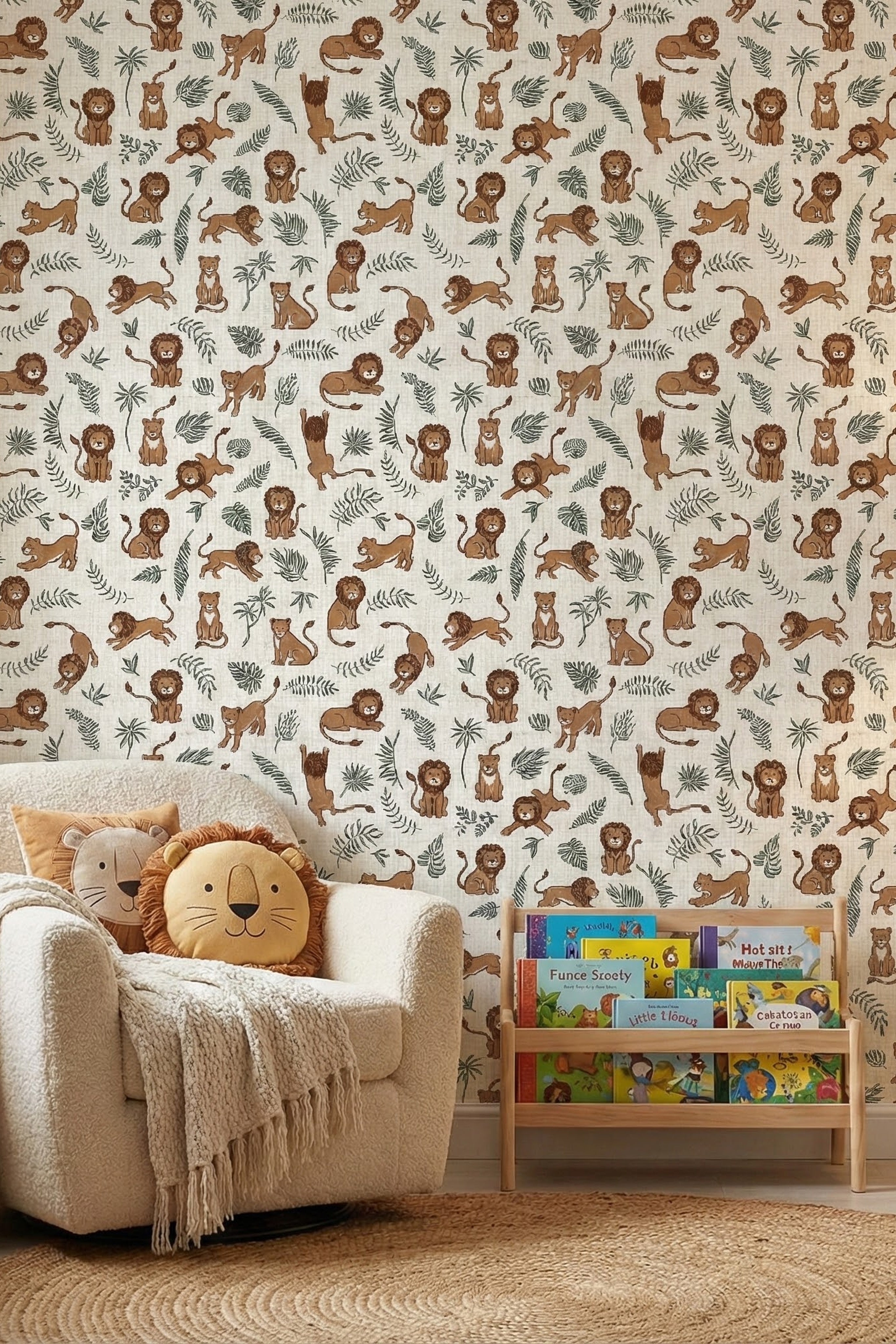 Lion Around wallpaper shown in a reading corner