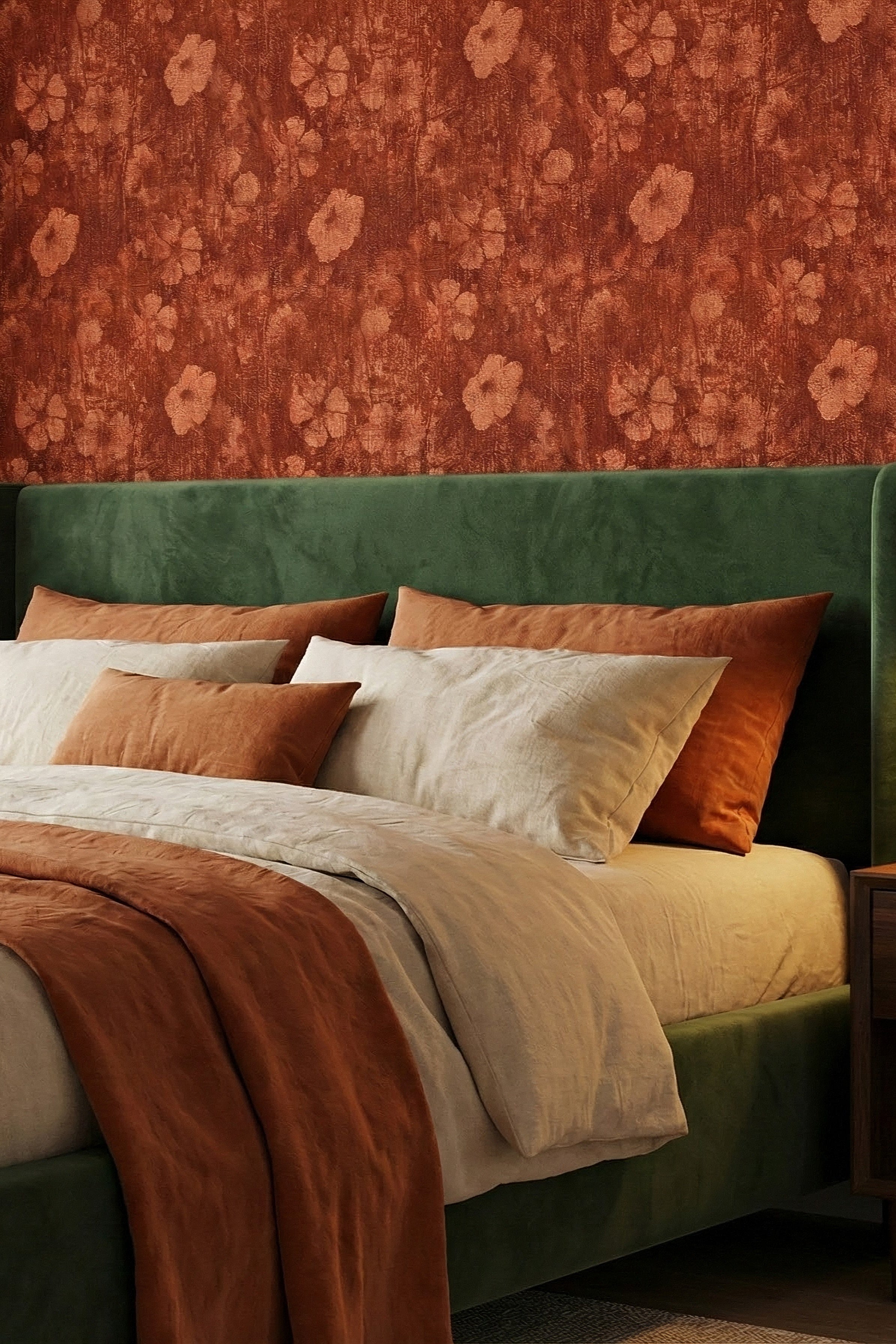 Rust Bloom wallpaper shown in a bedroom