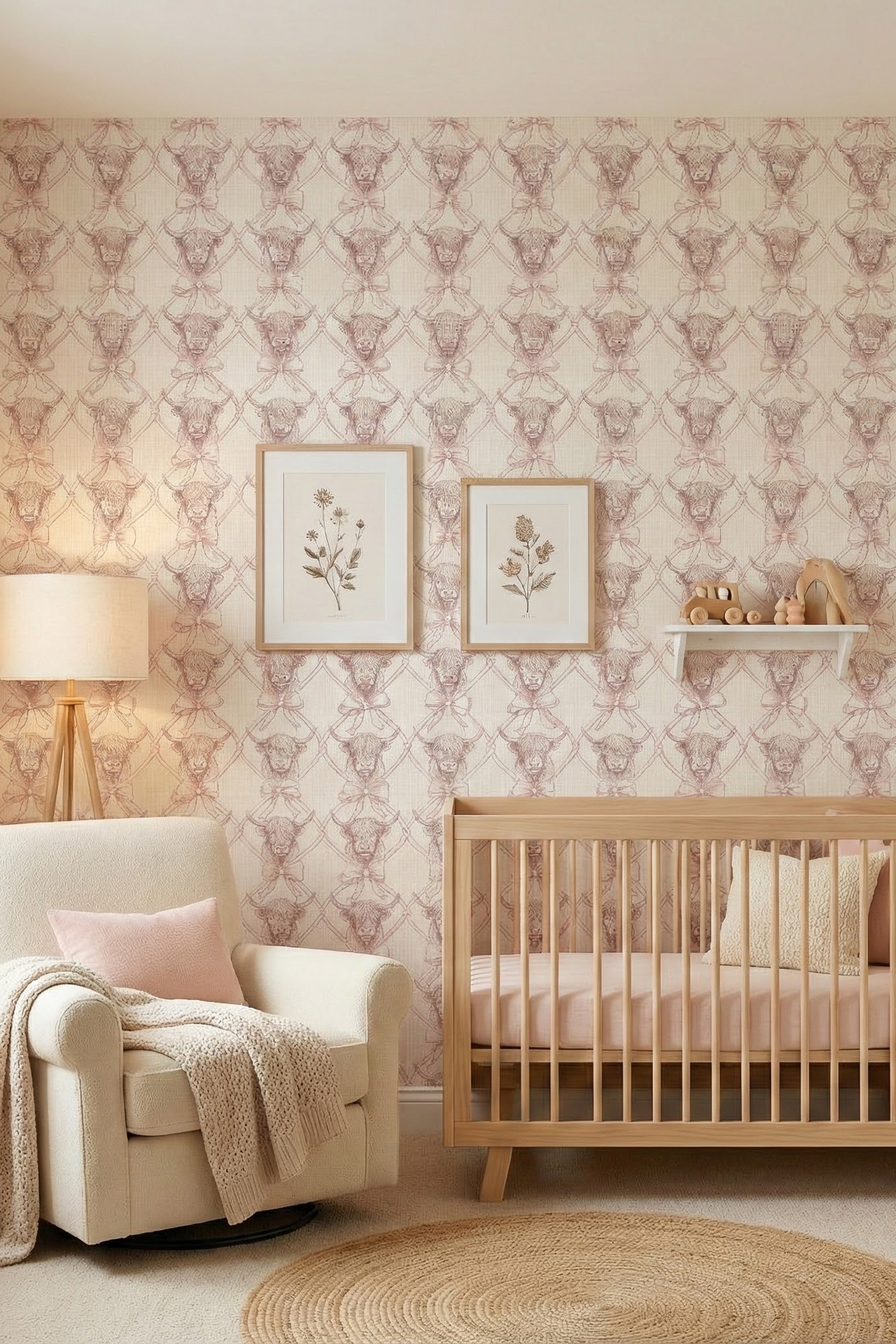 Highland Sweetheart wallpaper shown in a nursery
