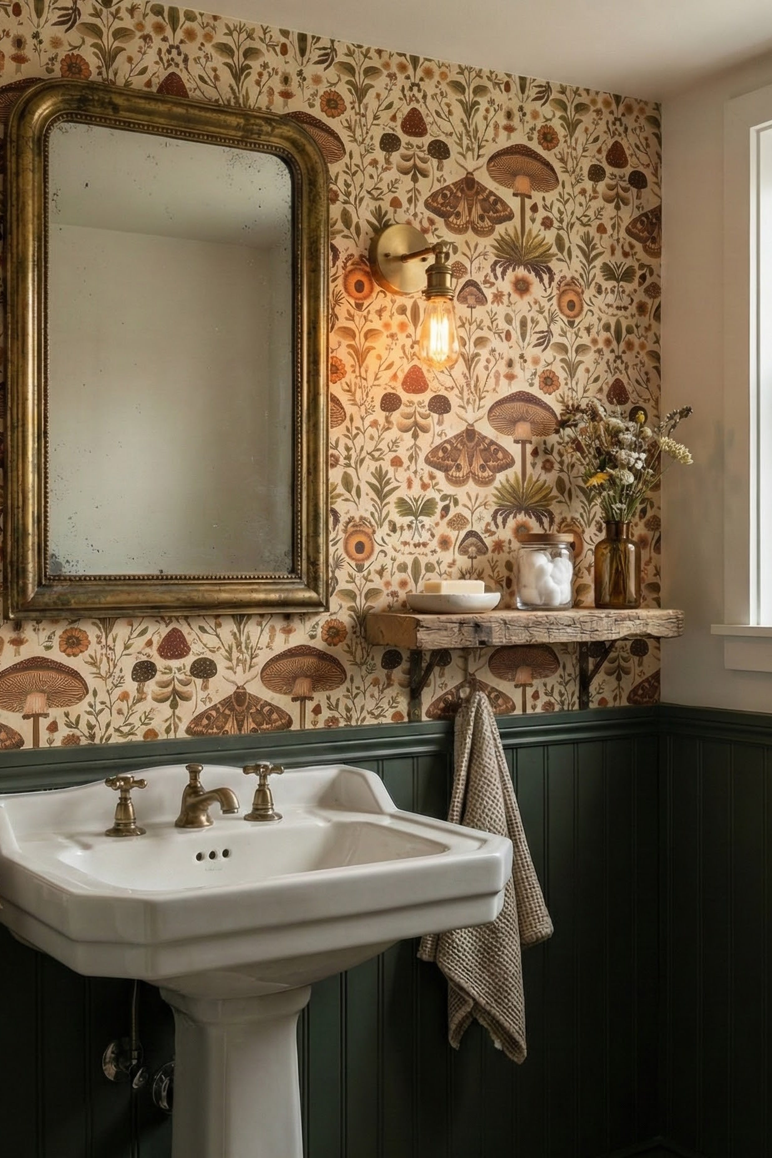Moth & Mushroom wallpaper shown in a powder room