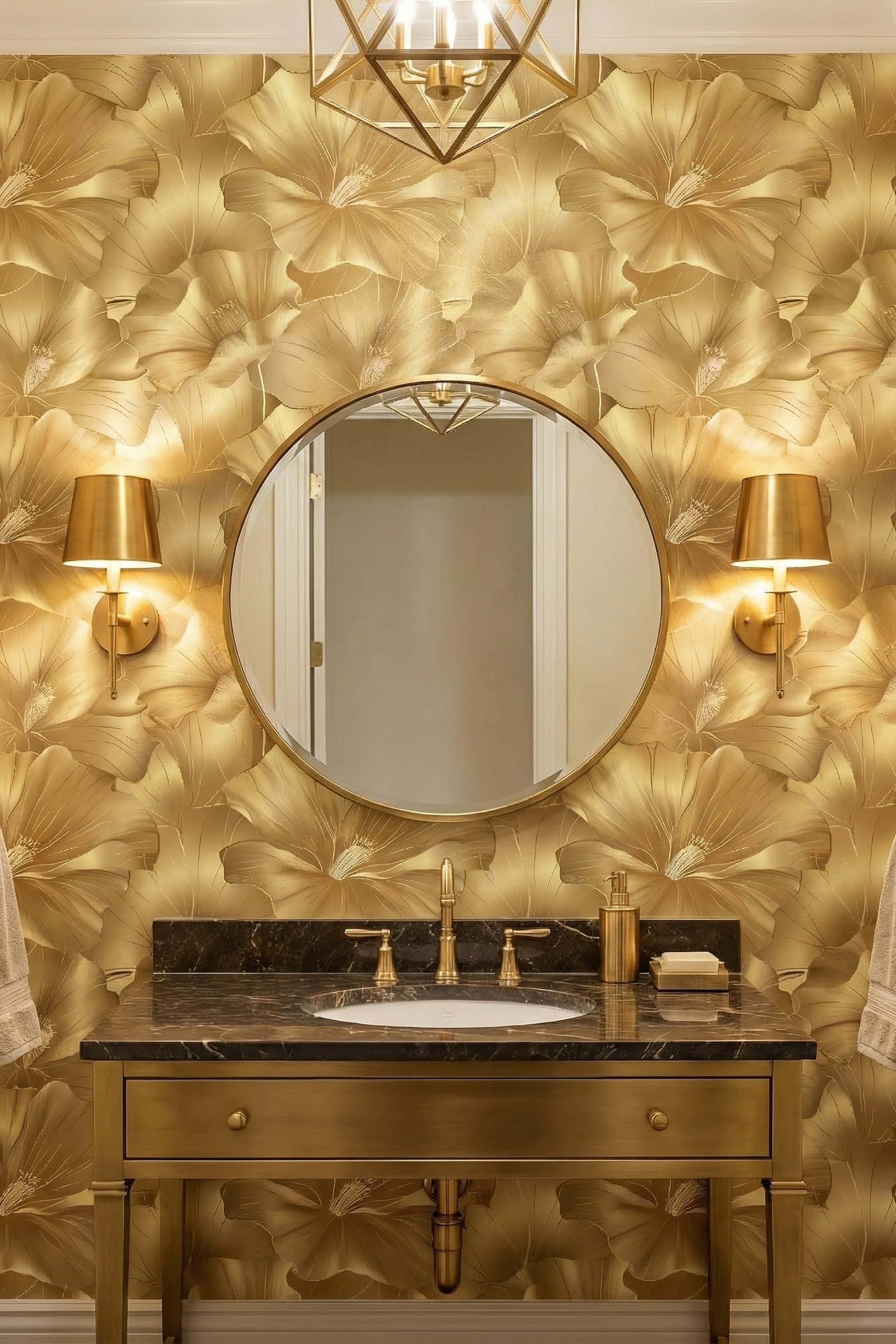 Gilded Bloom wallpaper shown in a powder room