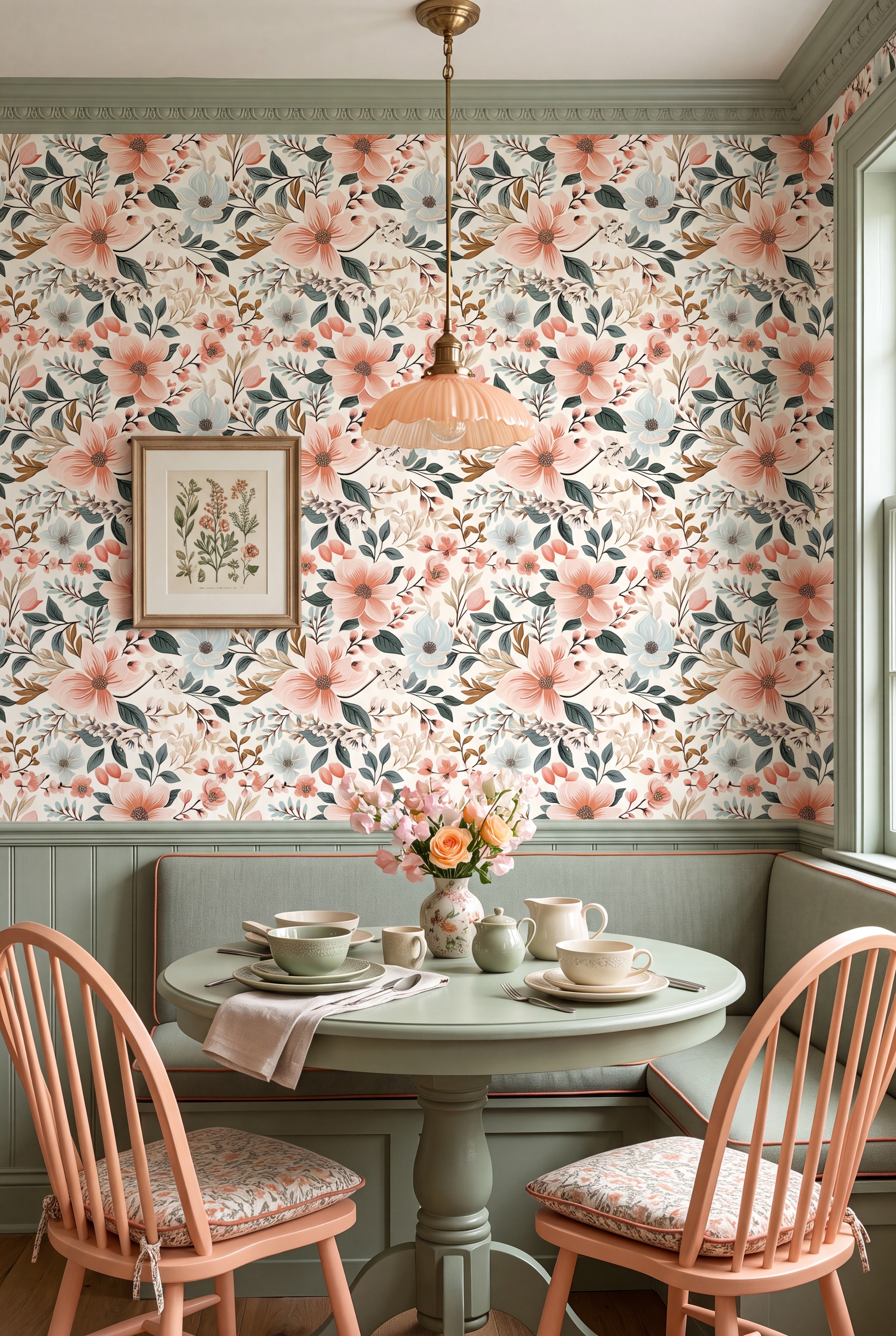 Peach Orchard wallpaper shown in a cozy nook