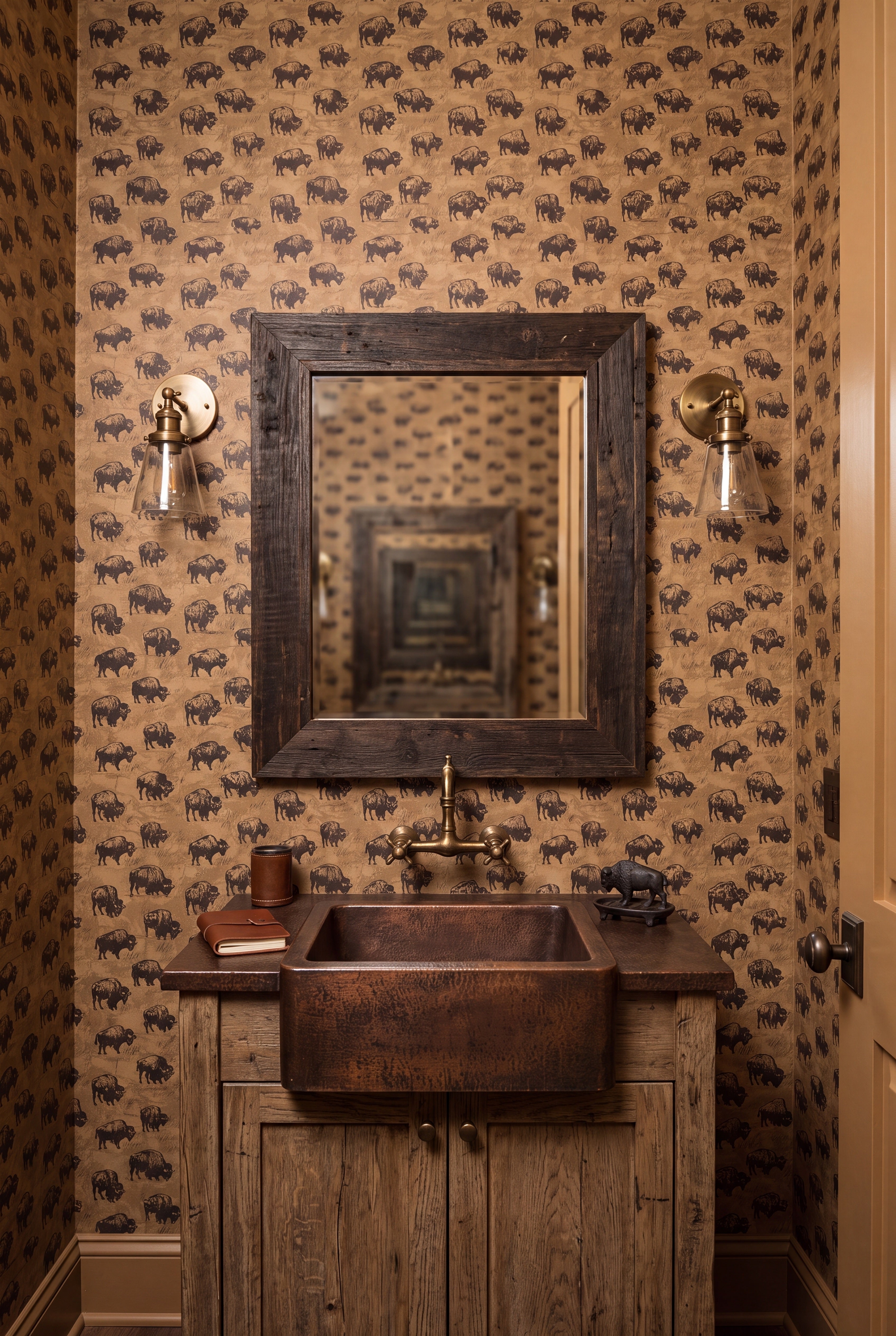 Shady Buffalo wallpaper shown in a powder room