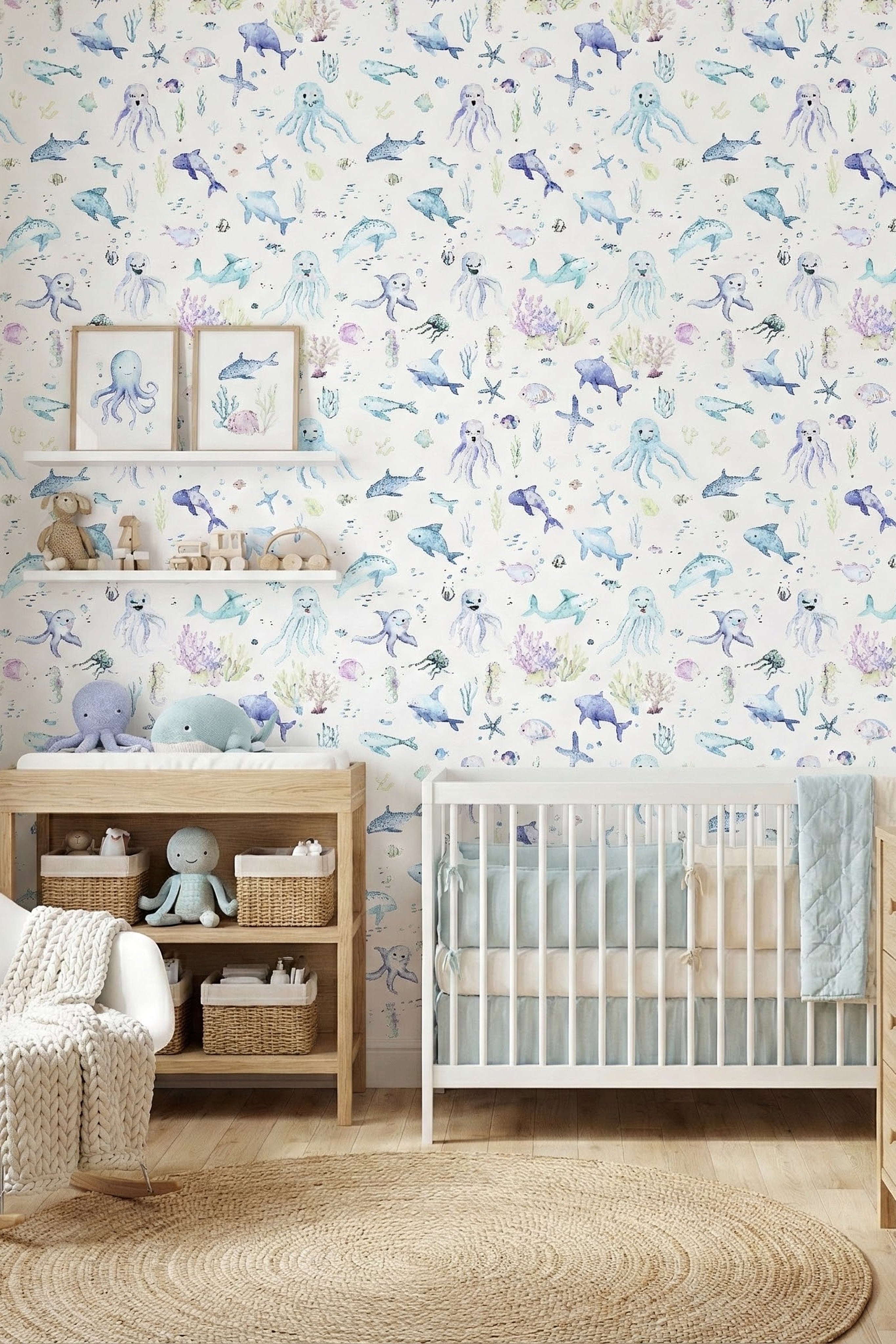 Deep Sea Play wallpaper shown in a nursery