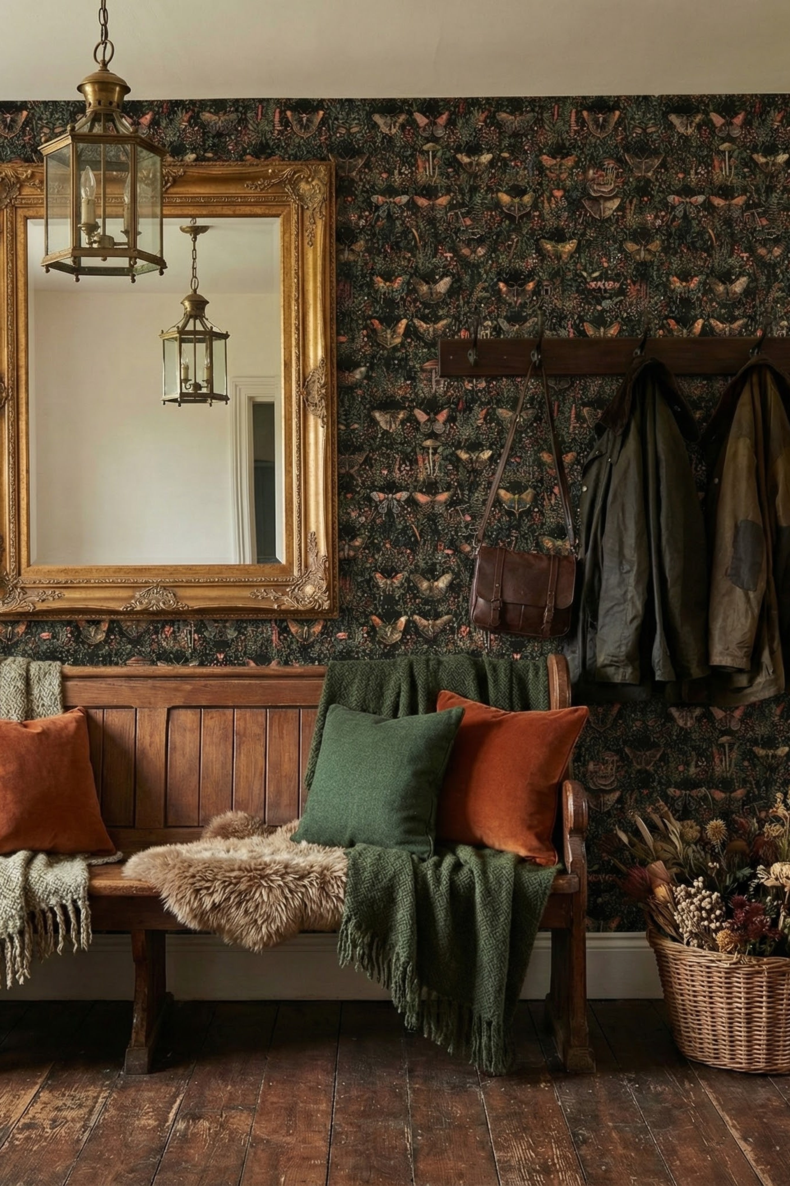 Midnight Cap wallpaper shown in a mudroom