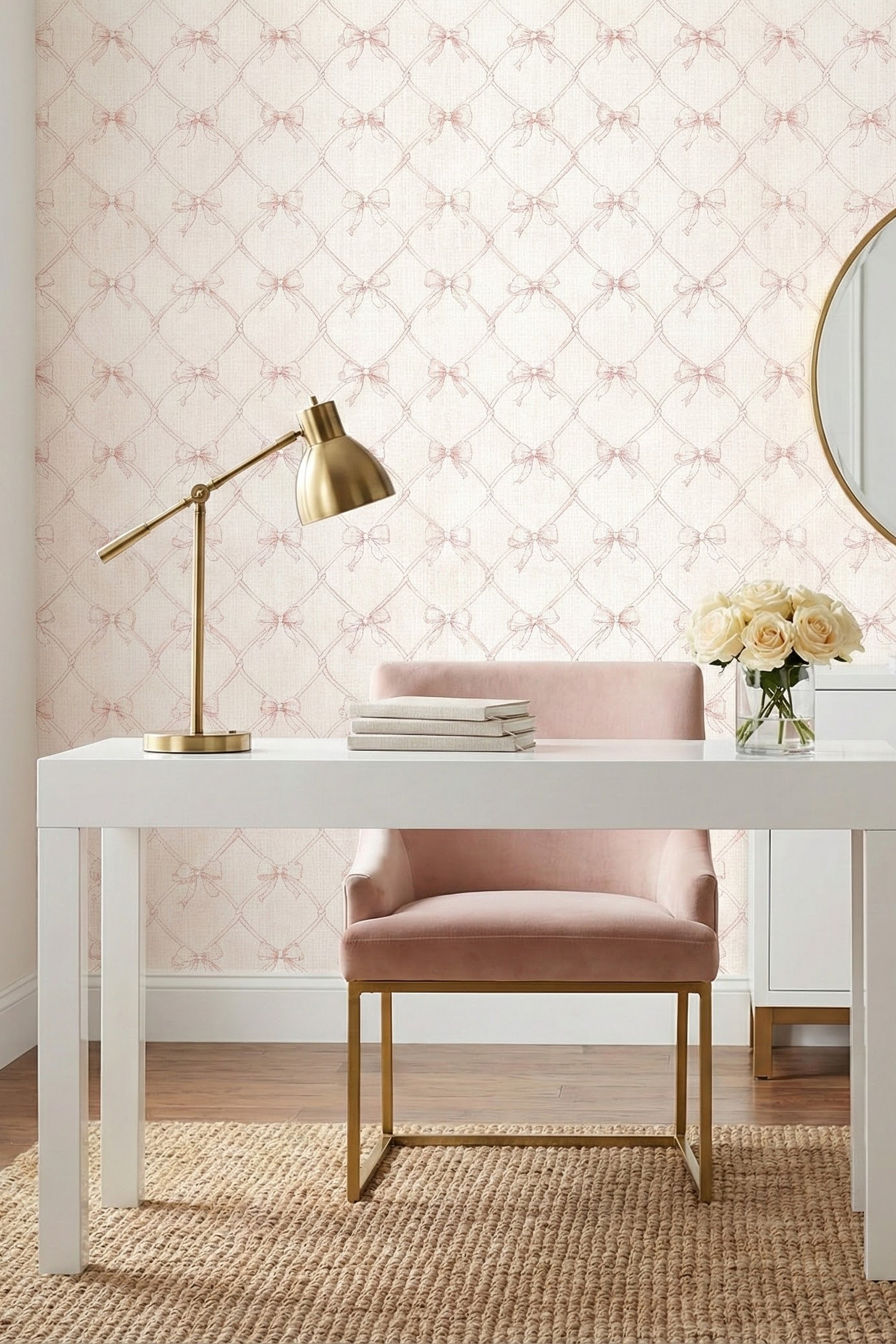 Blush Bow wallpaper shown in a home office