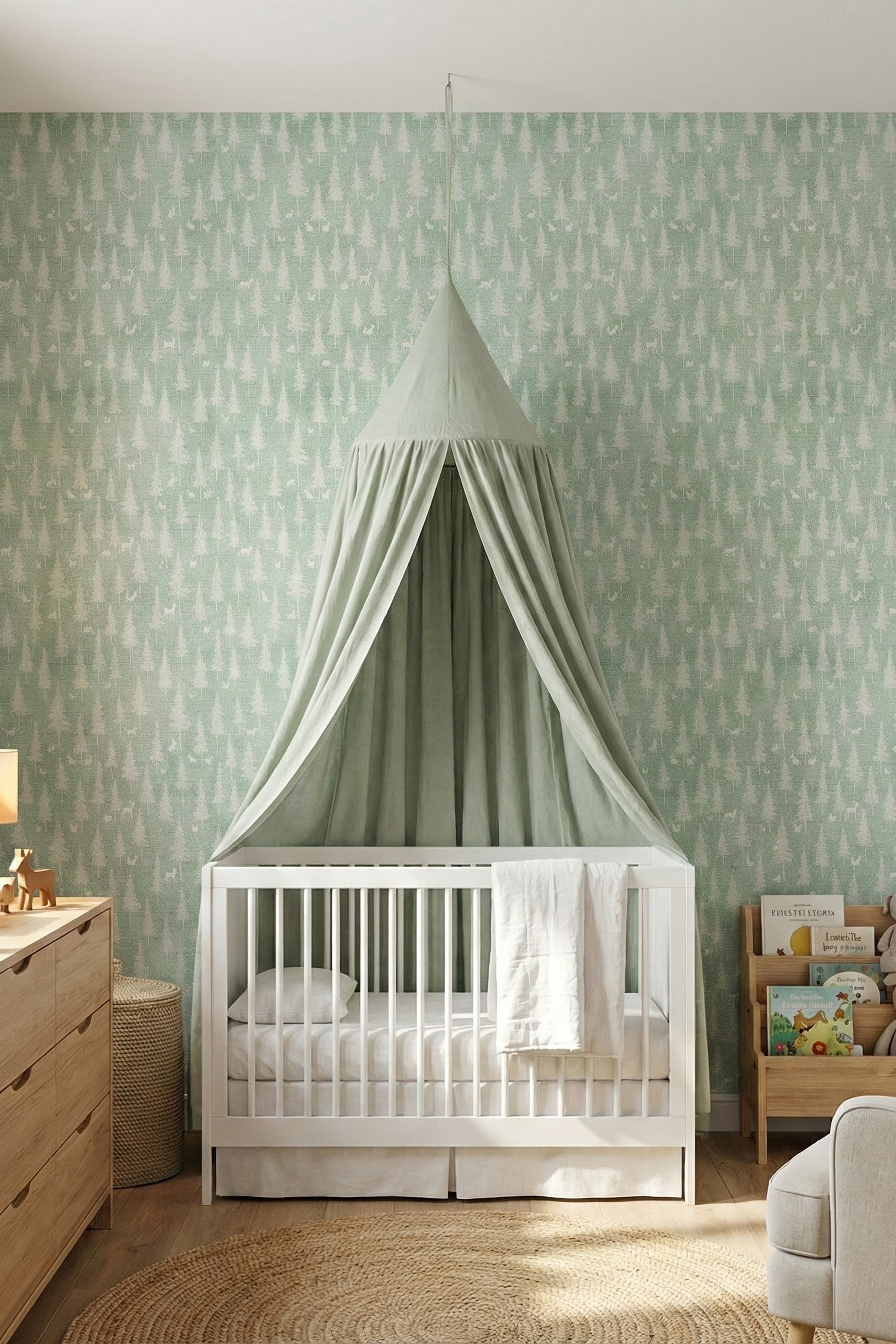 Sage Woodland wallpaper shown in a nursery