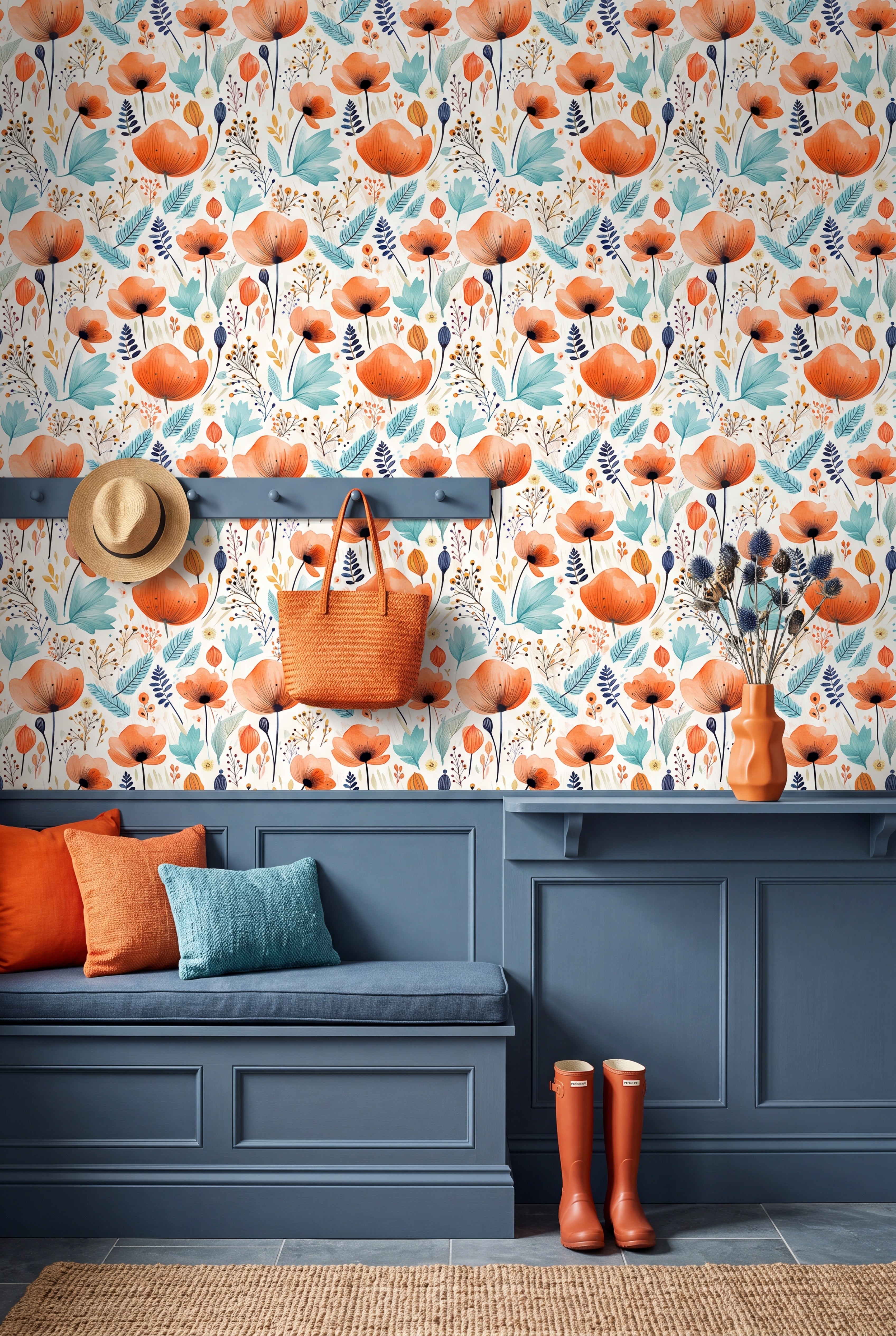 Marmalade Grove wallpaper shown in a mudroom