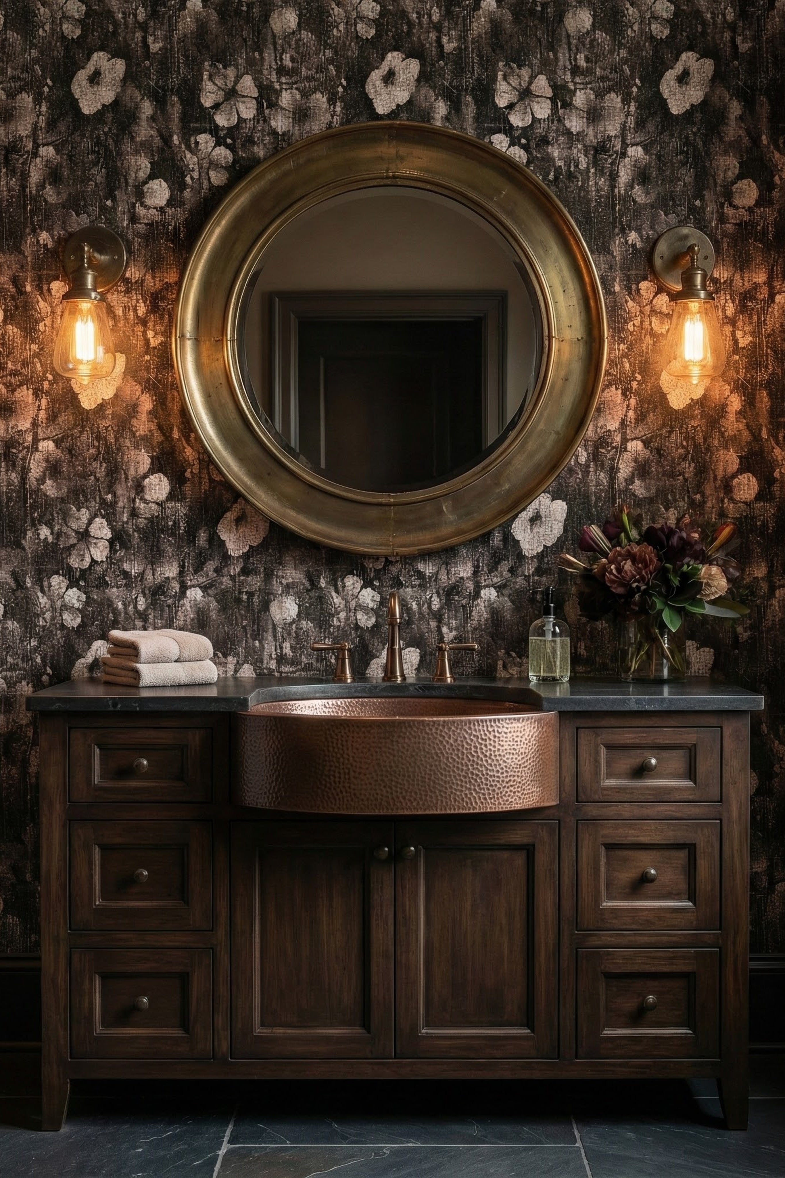 Denim Bloom wallpaper shown in a powder room