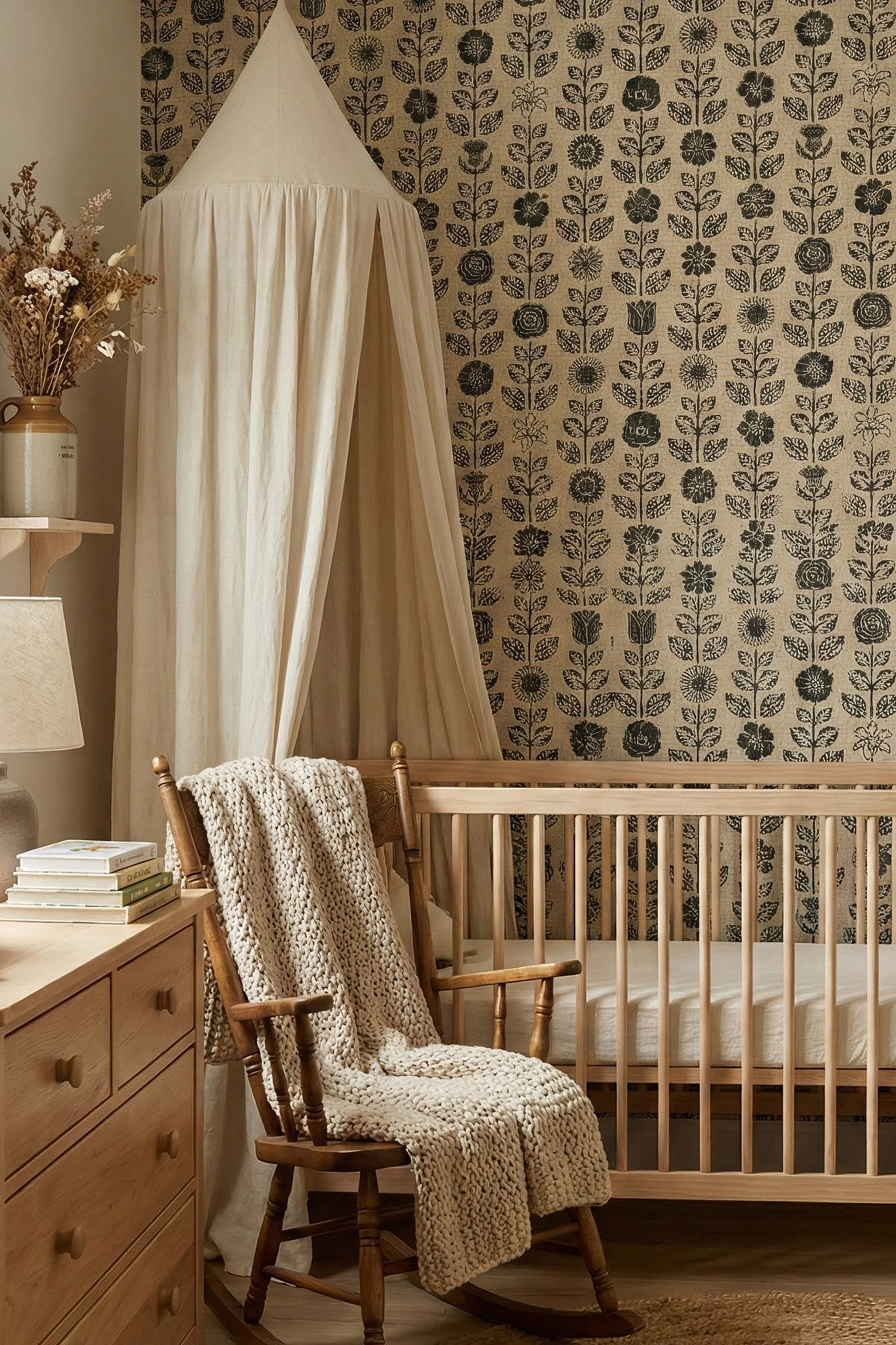 Farmhouse Folk wallpaper shown in a nursery