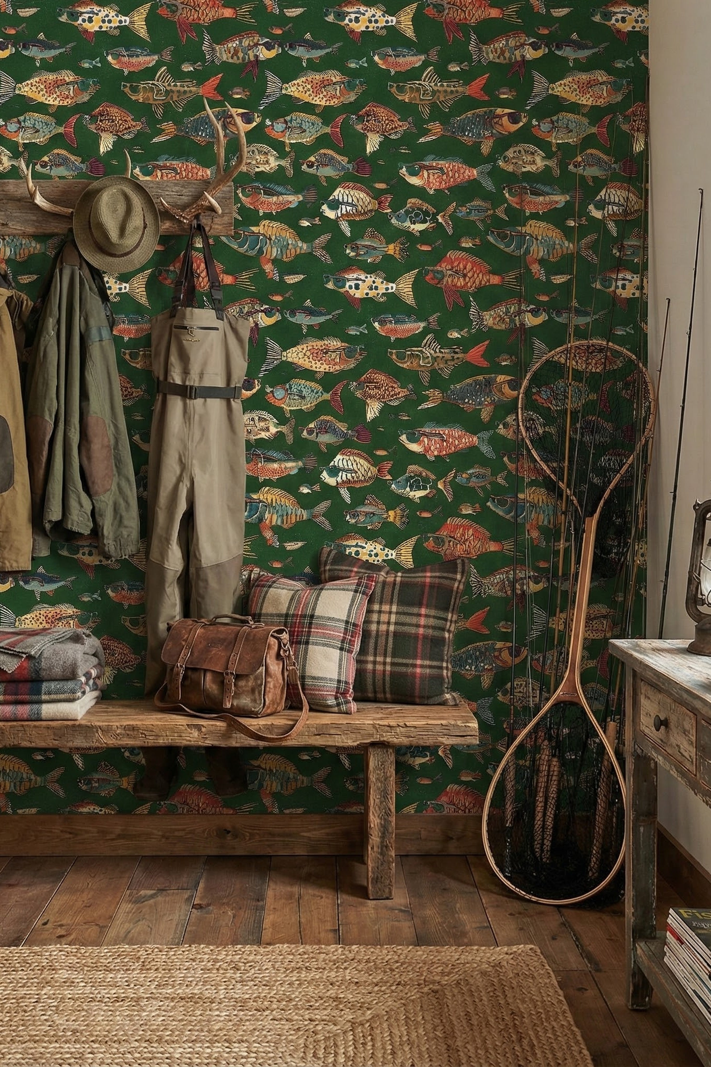 Lake Life wallpaper shown in a mudroom