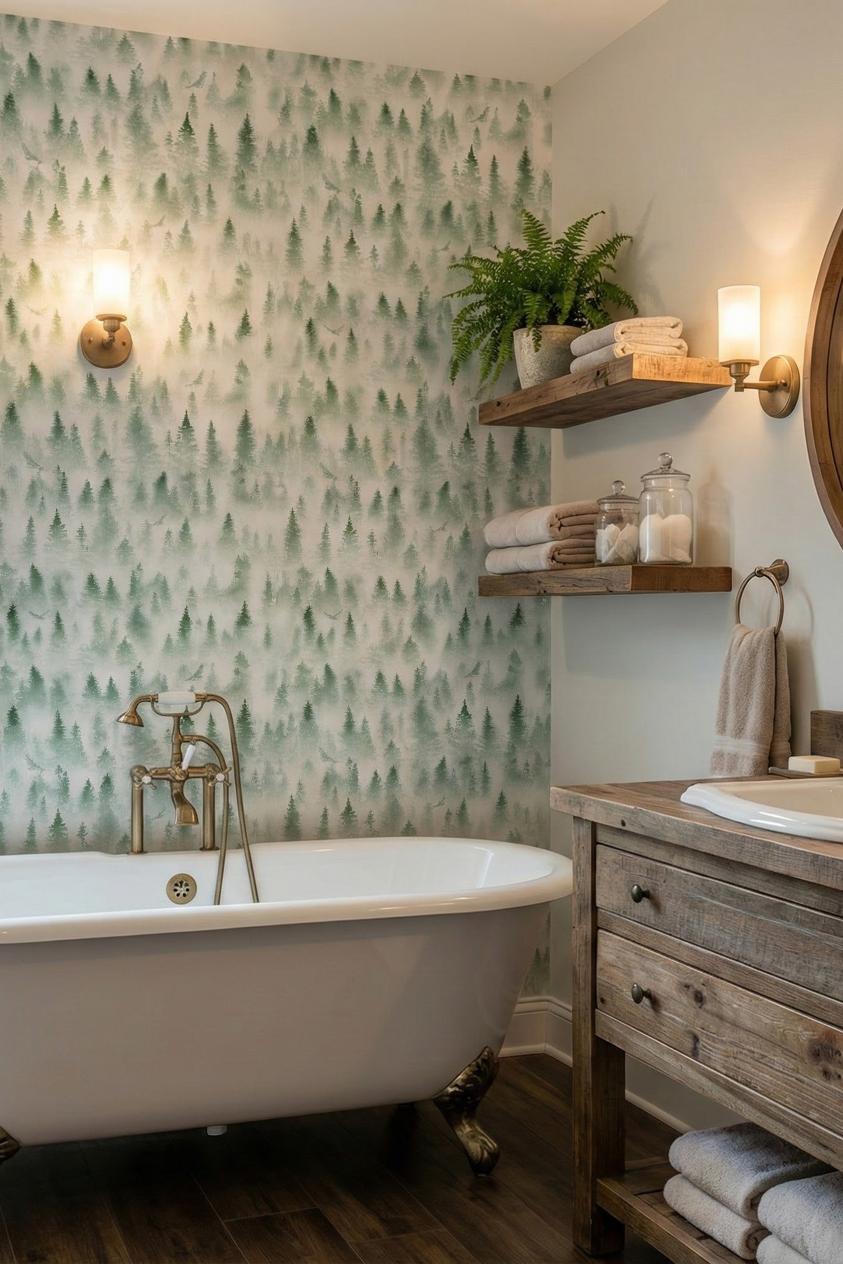 Evergreen Mist wallpaper shown in a bathroom