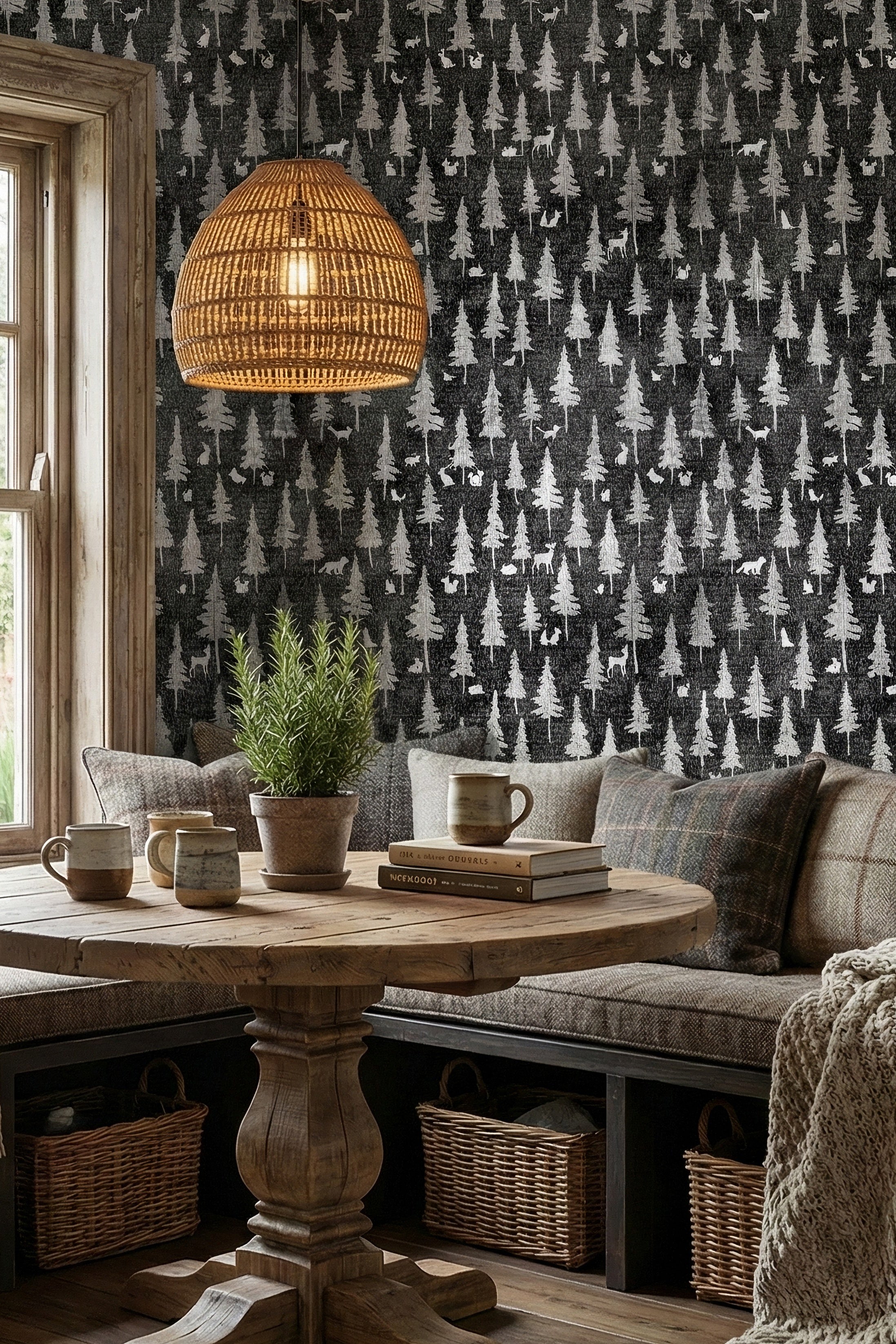 Night Woodland wallpaper shown in a cozy nook