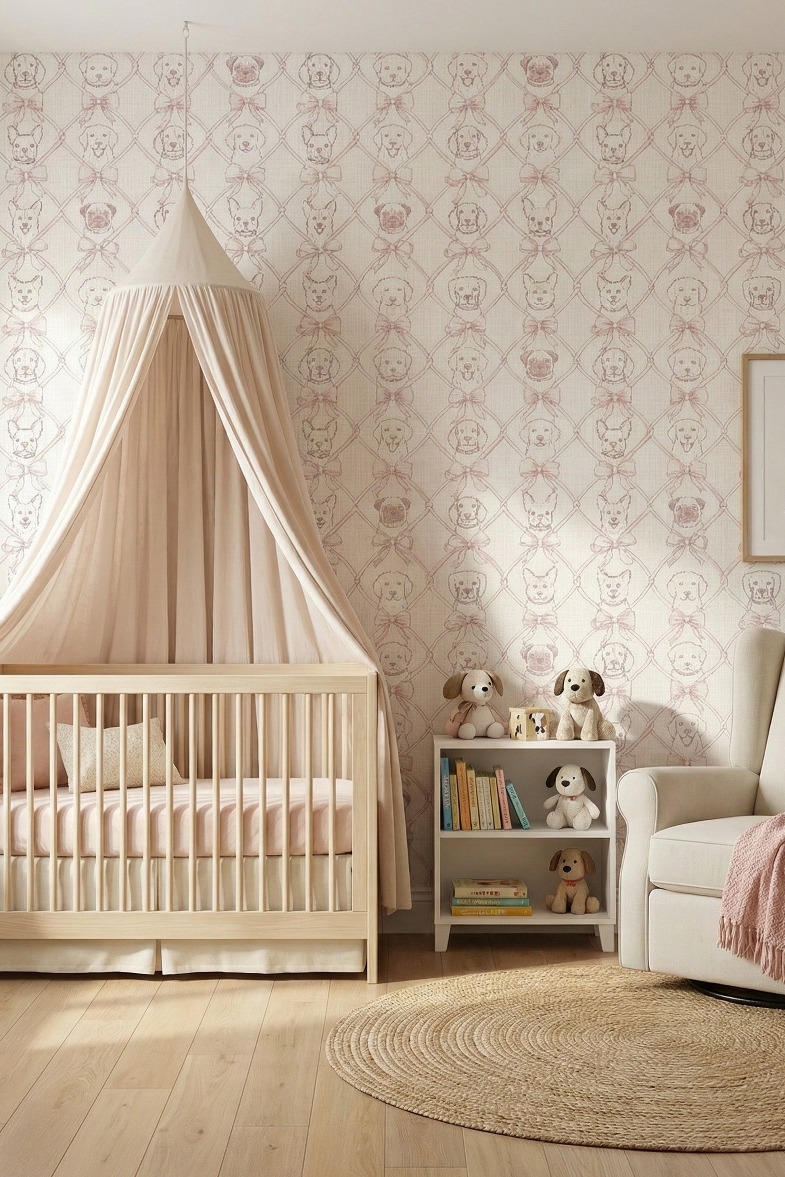 Puppy Bow wallpaper shown in a nursery