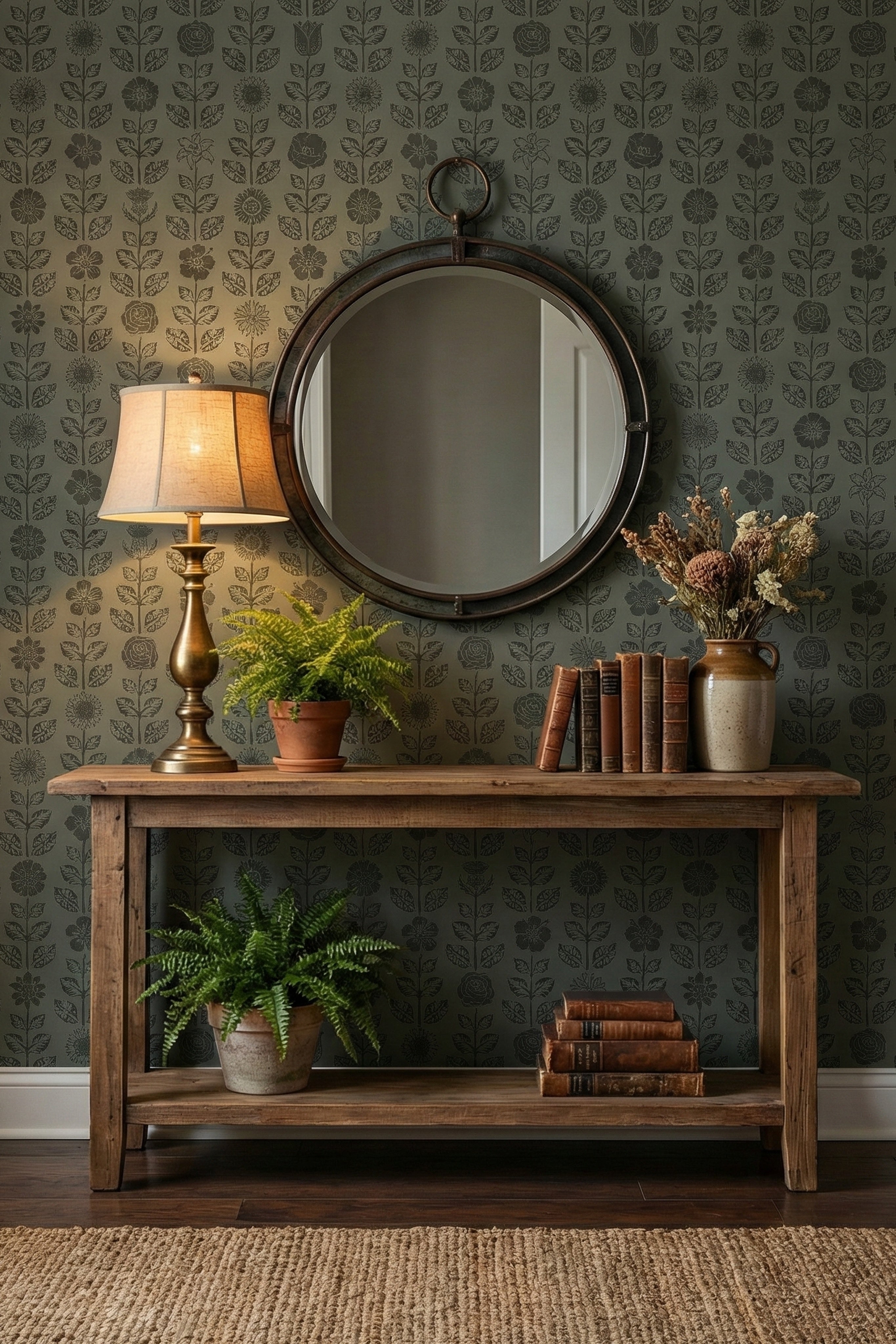 Moody Folk wallpaper shown in an entryway