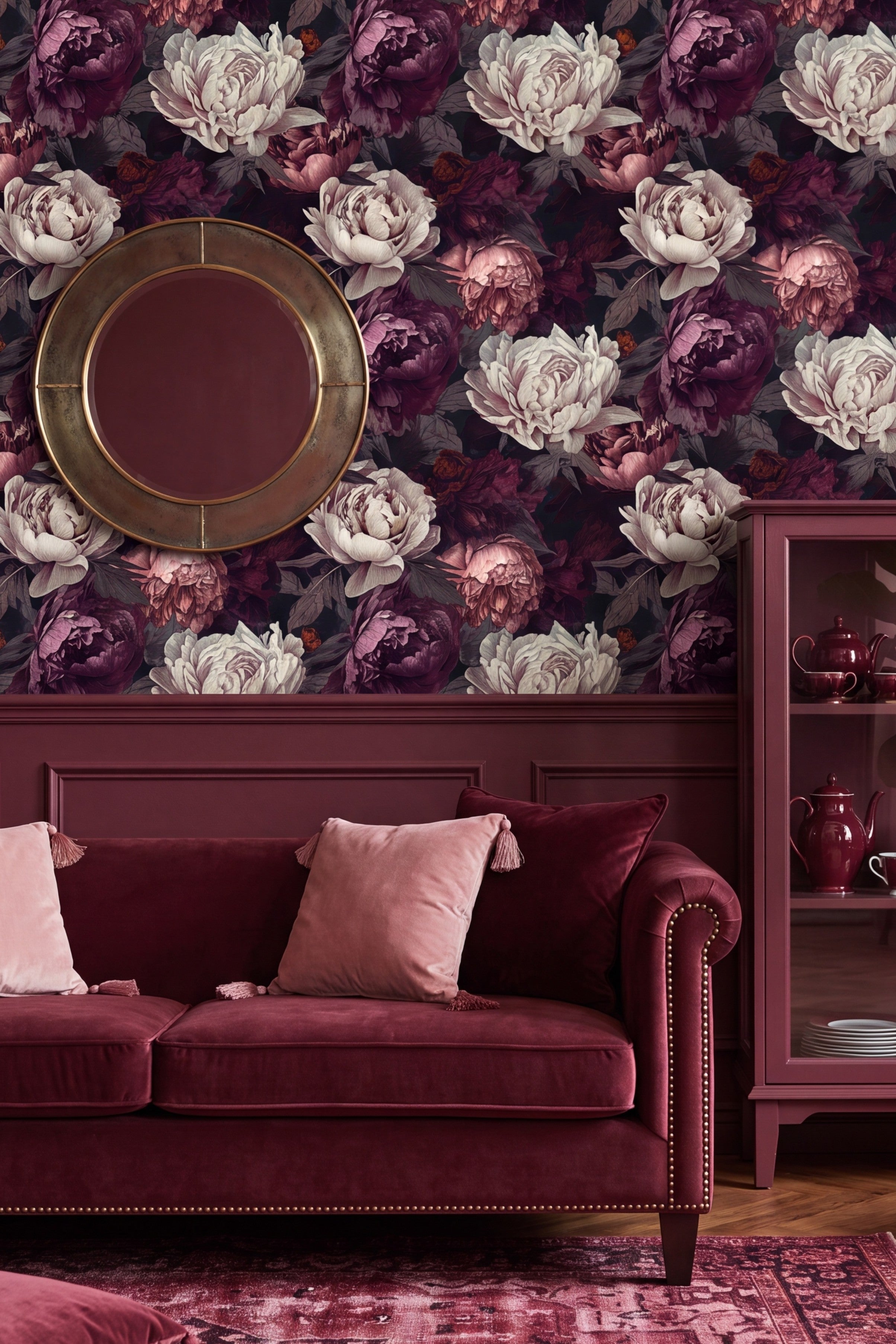 Raven Peony wallpaper shown in a living room