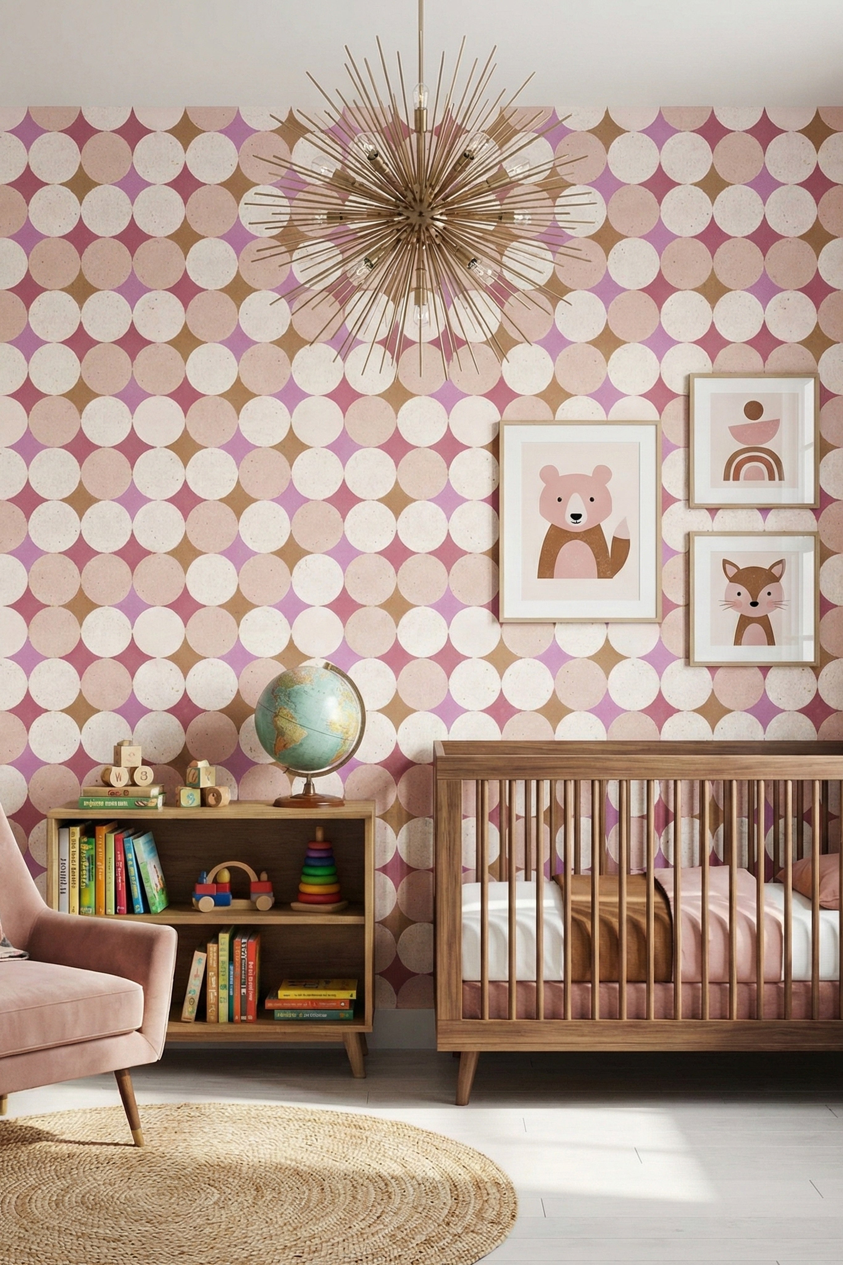 Pink Orbit wallpaper shown in a nursery