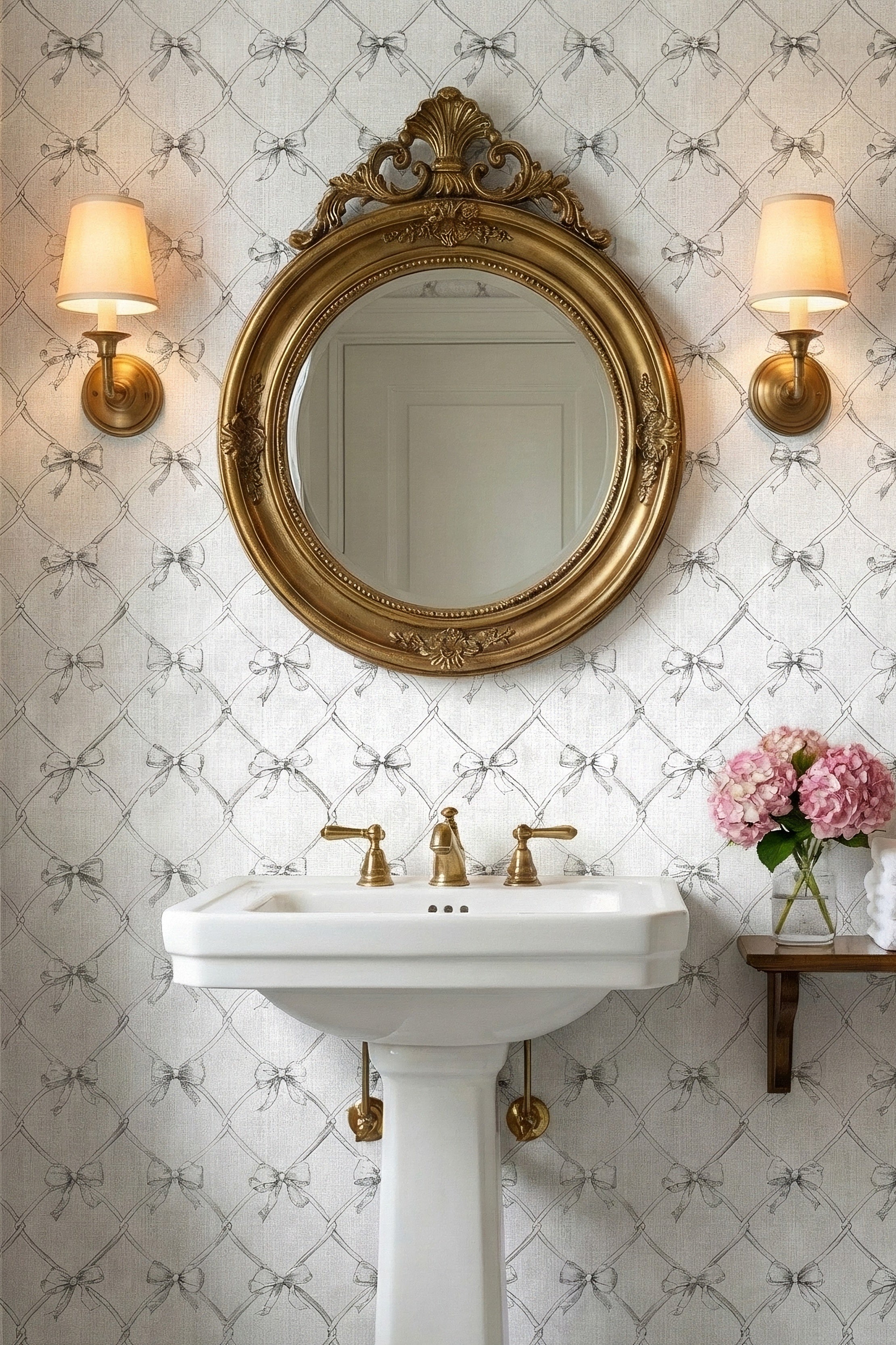 Tuxedo Bow wallpaper shown in a powder room