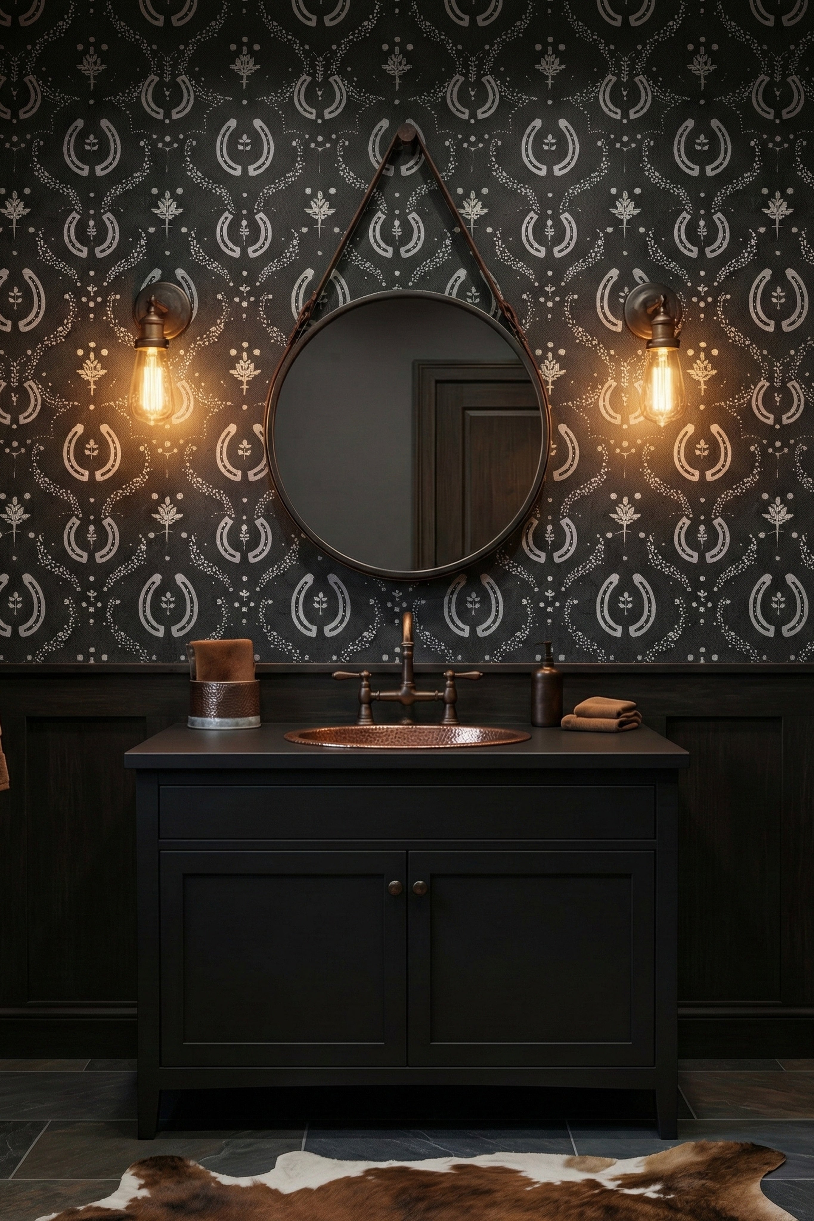 Midnight Rodeo wallpaper shown in a powder room
