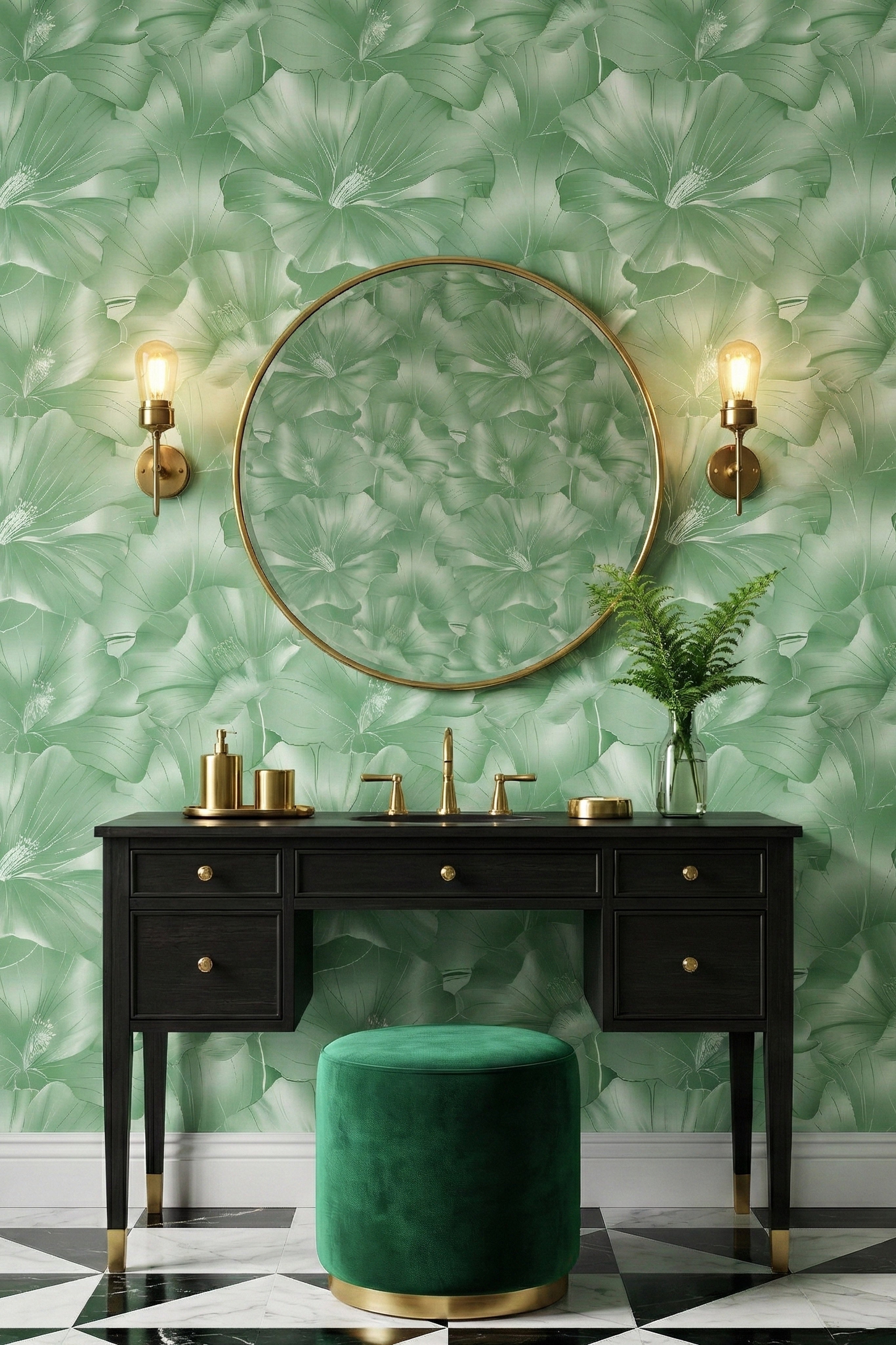 Emerald Marquee wallpaper shown in a powder room