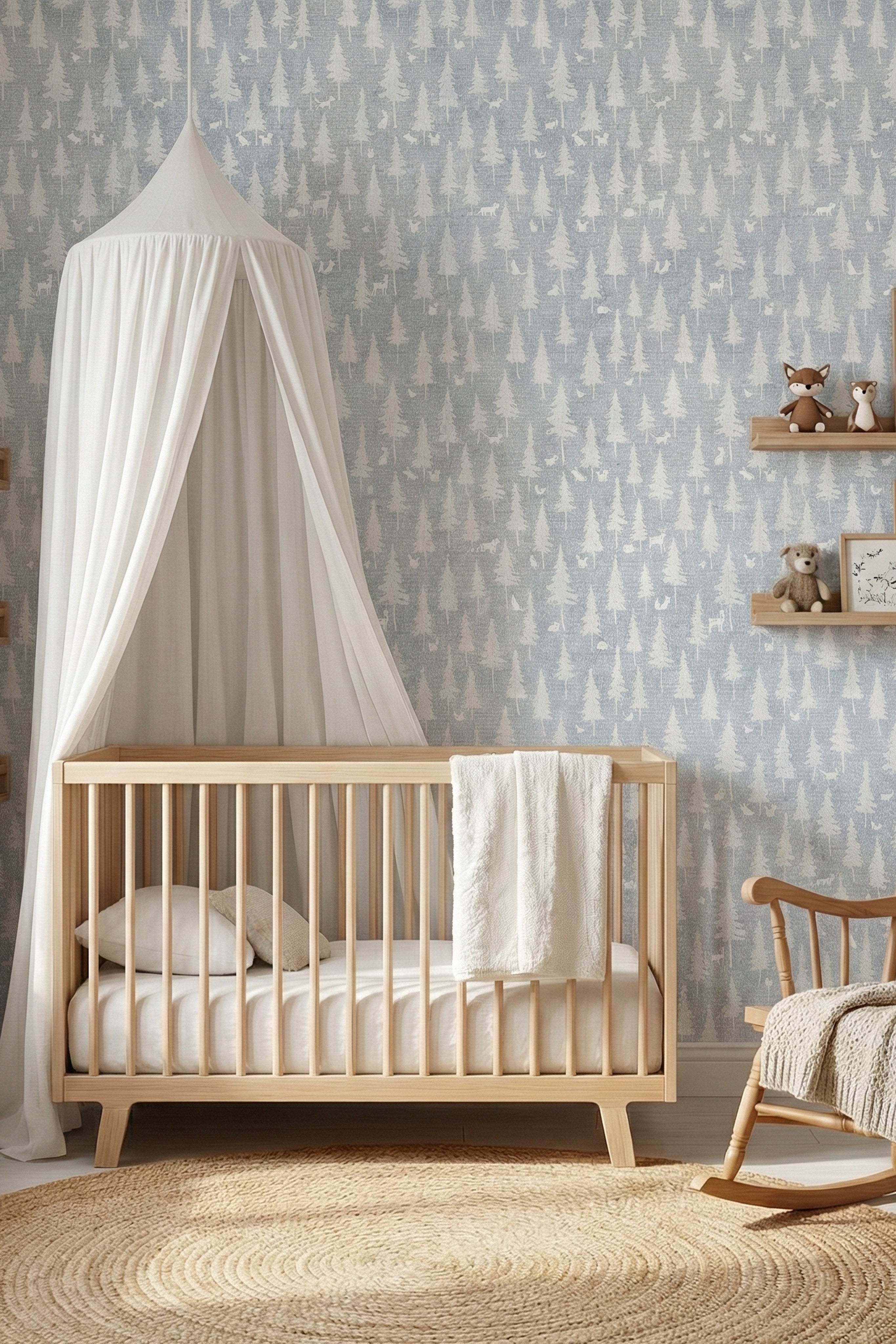 Storybook Forest wallpaper shown in a nursery