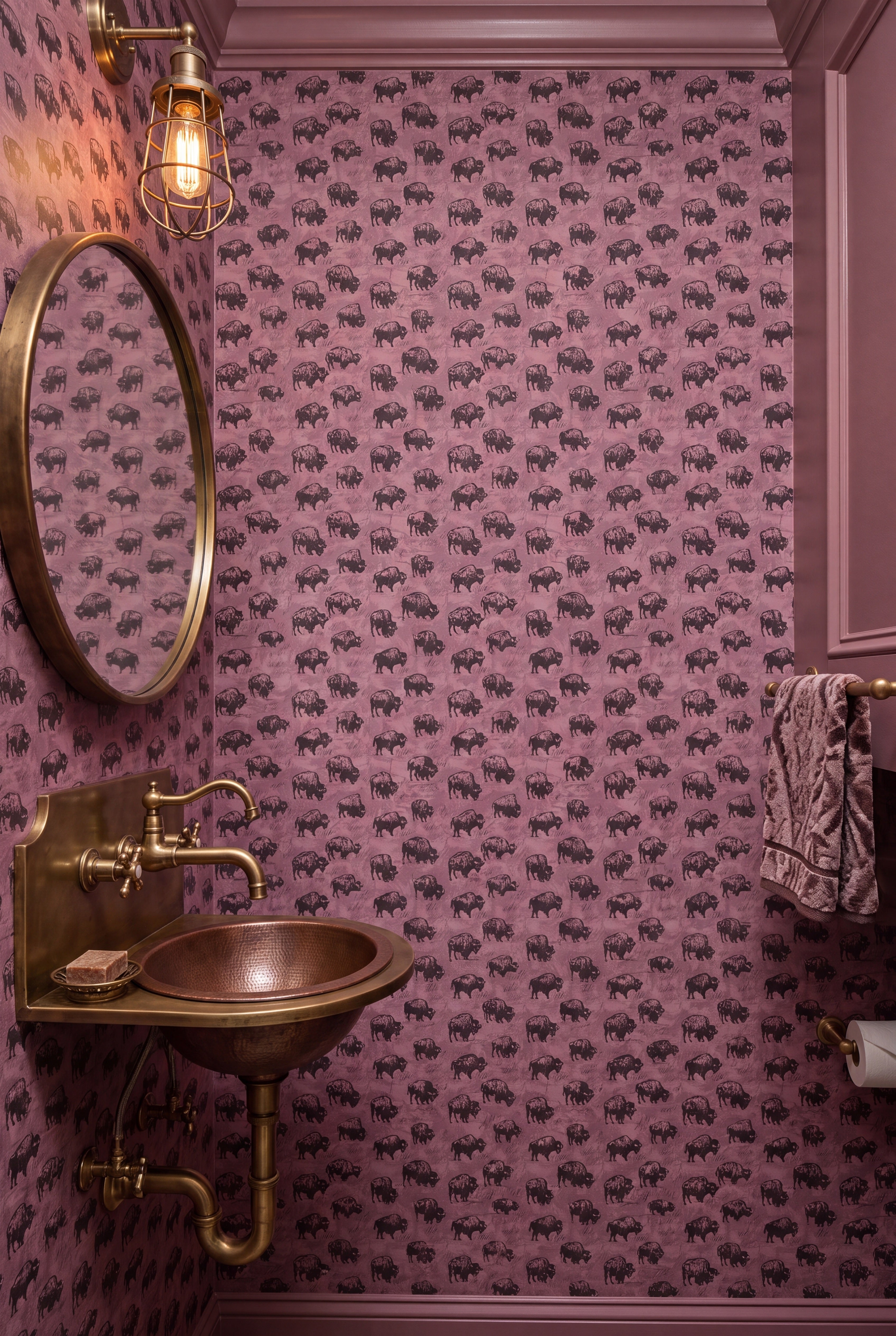 Rodeo Pink wallpaper shown in a powder room