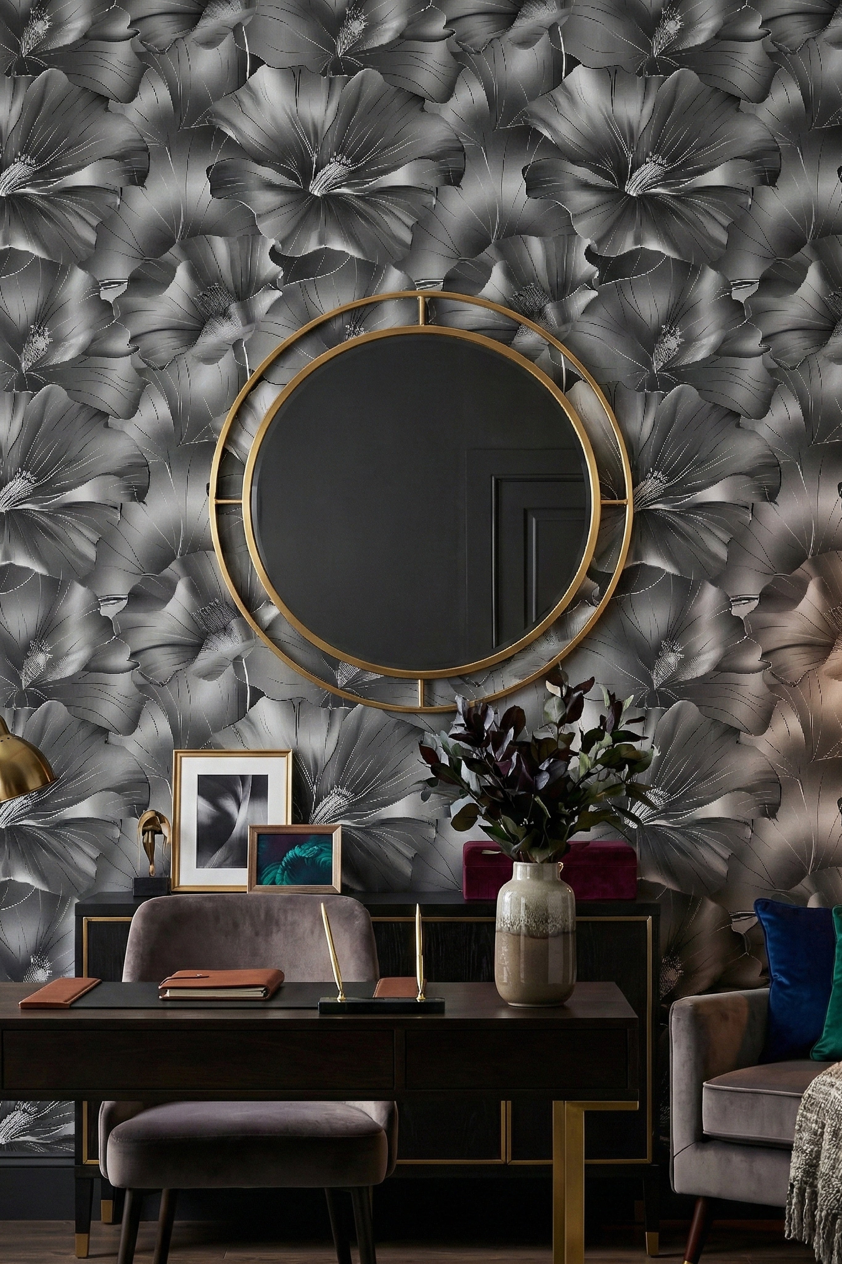 Monochrome Bloom wallpaper shown in a home office