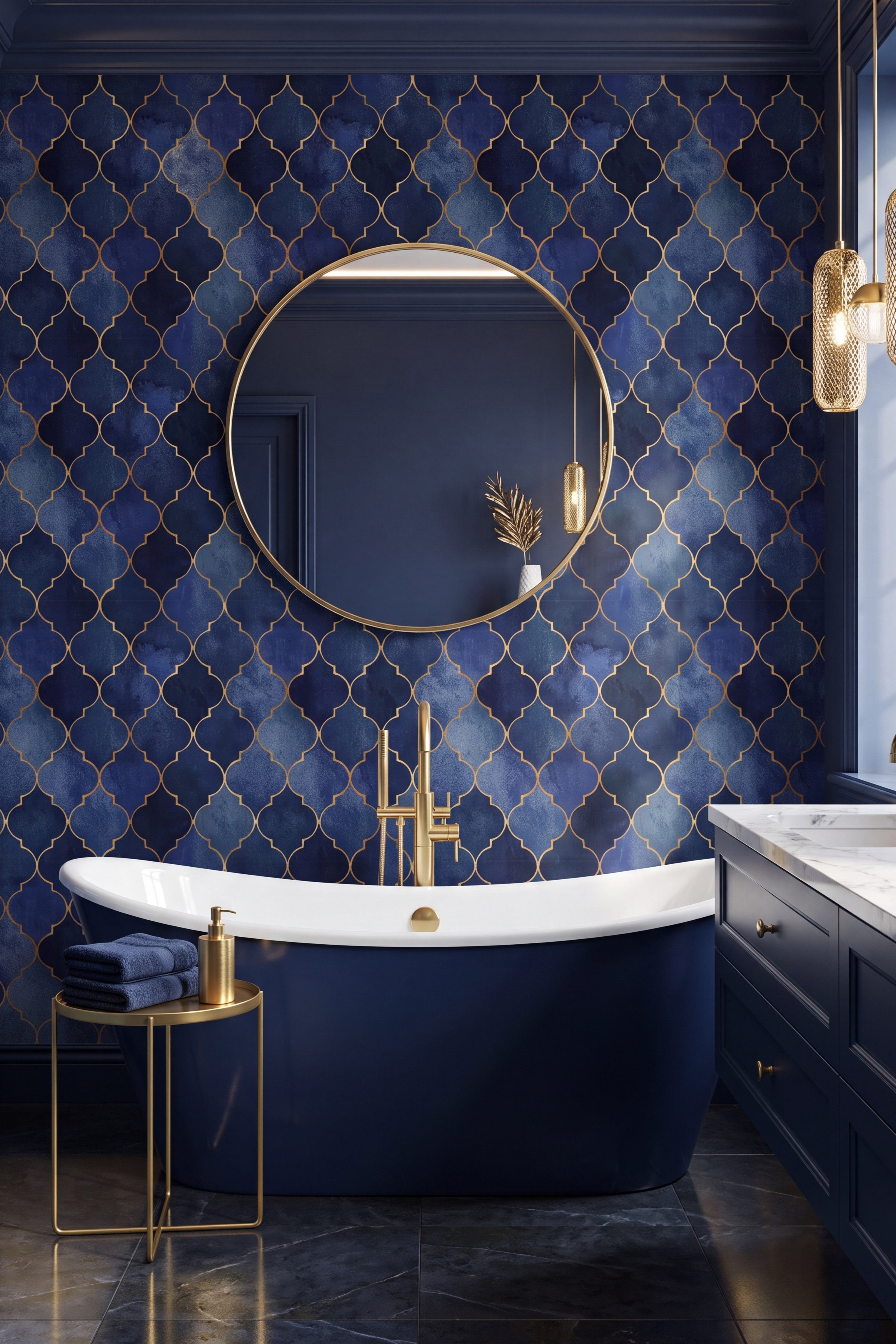 Admiral Trellis wallpaper shown in a bathroom