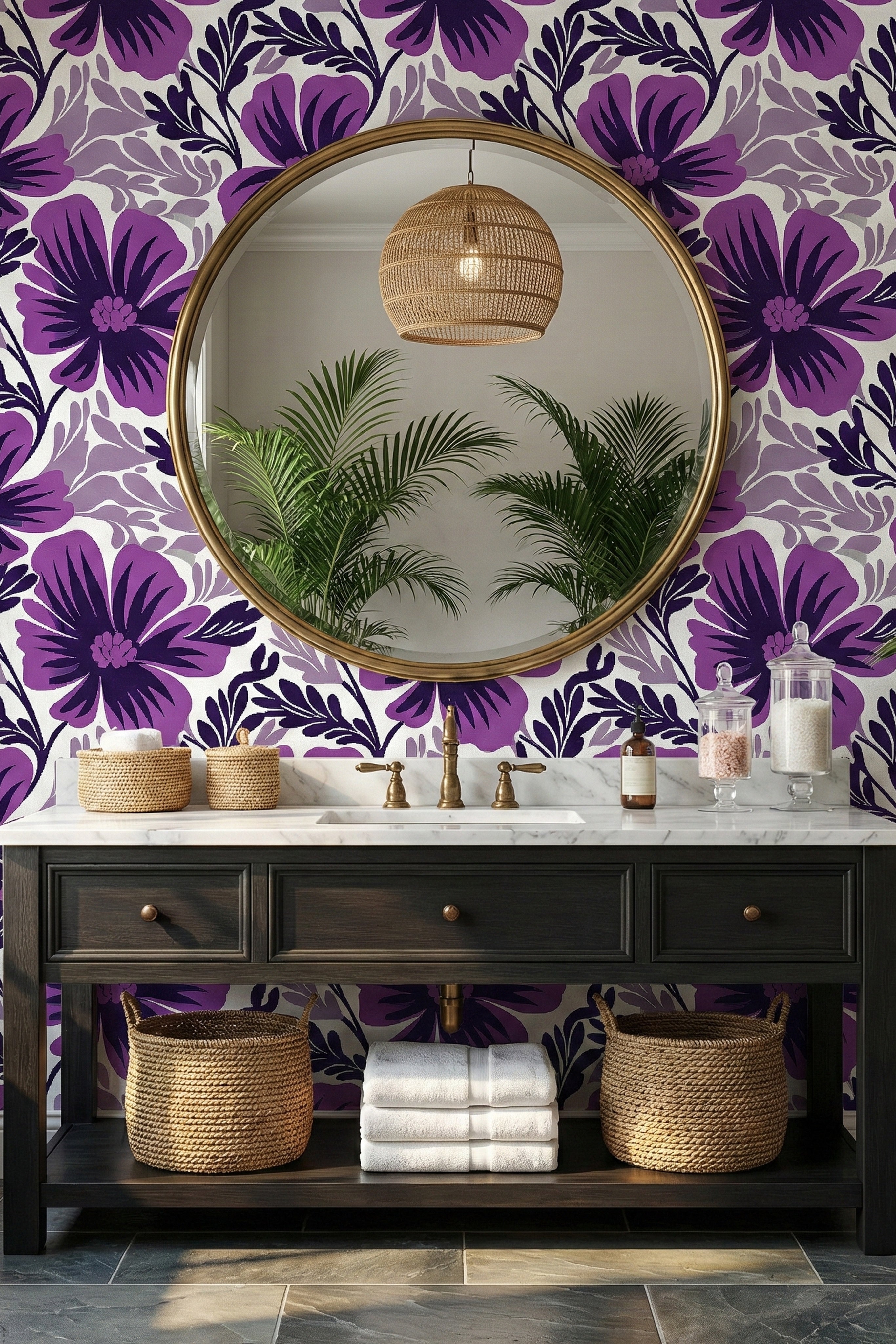 Purple Paradise wallpaper shown in a powder room