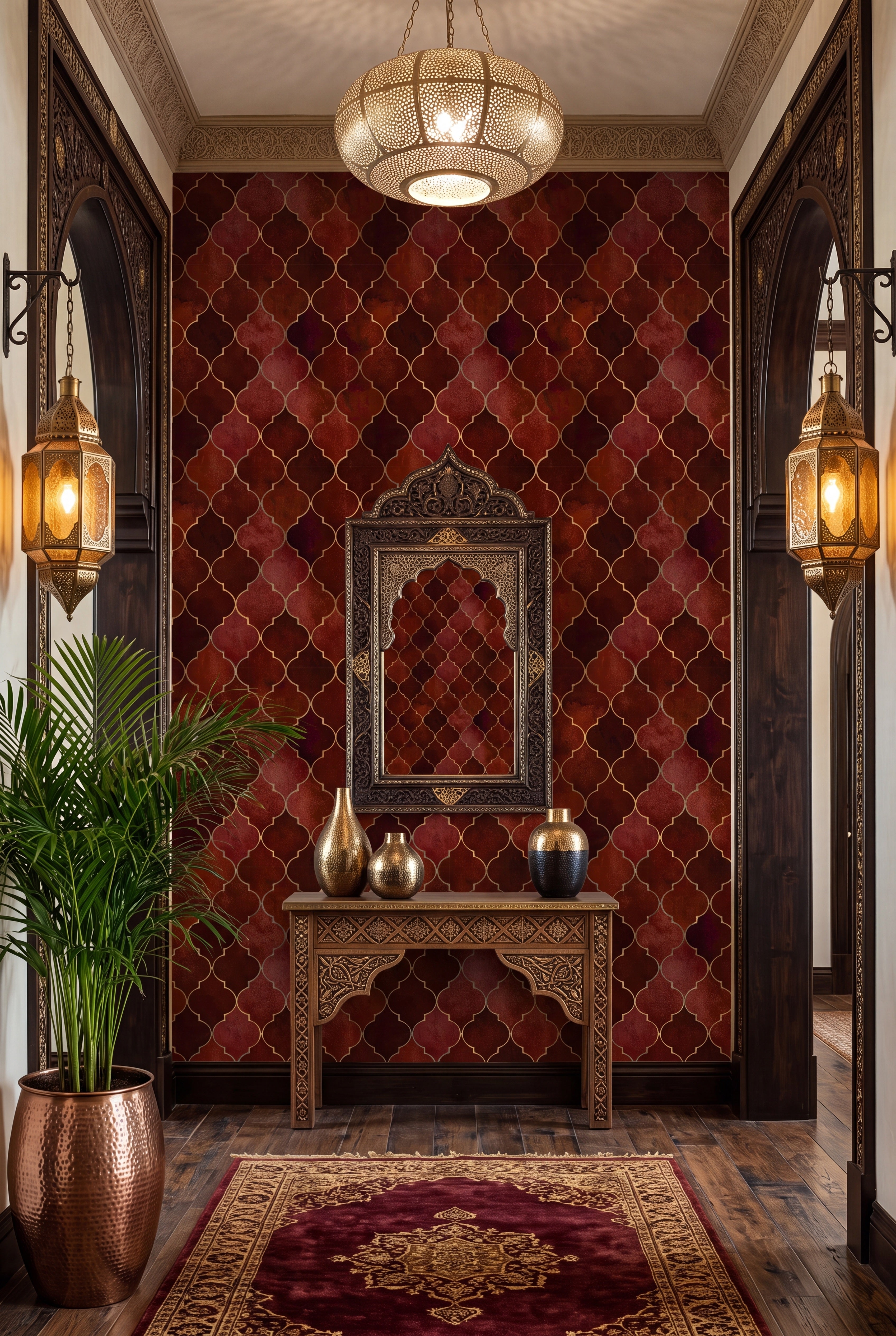 Ruby Trellis wallpaper shown in an entryway