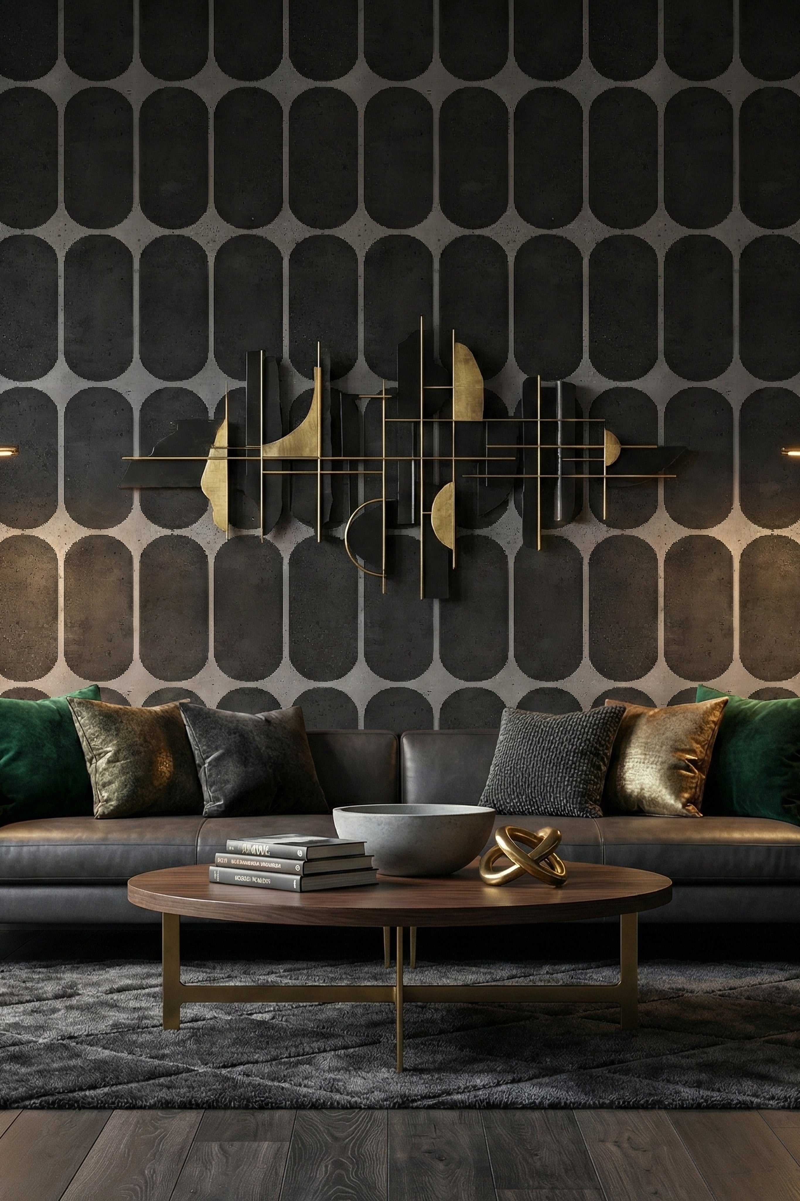 Brutalist wallpaper shown in a living room