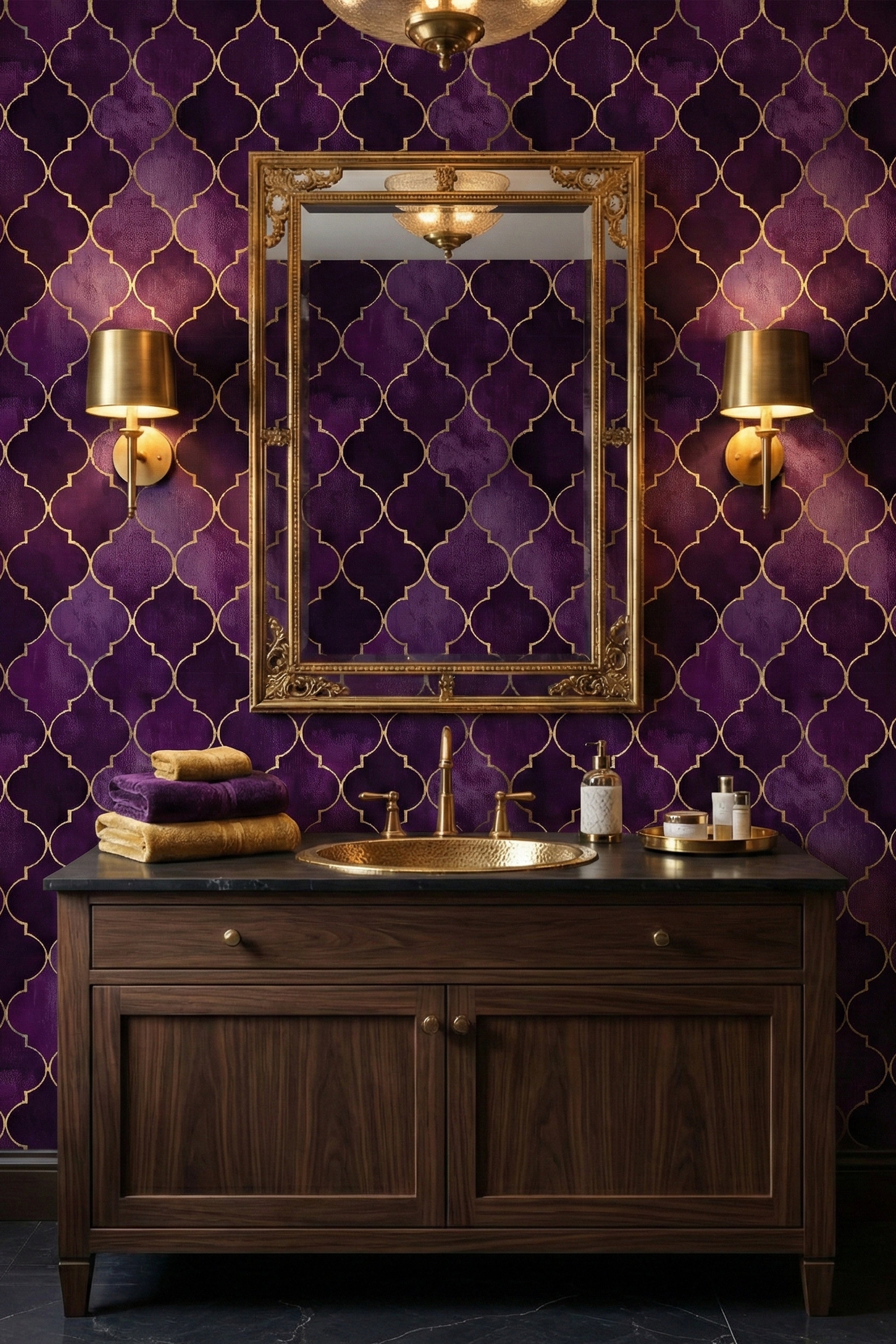 Amethyst Trellis wallpaper shown in a powder room