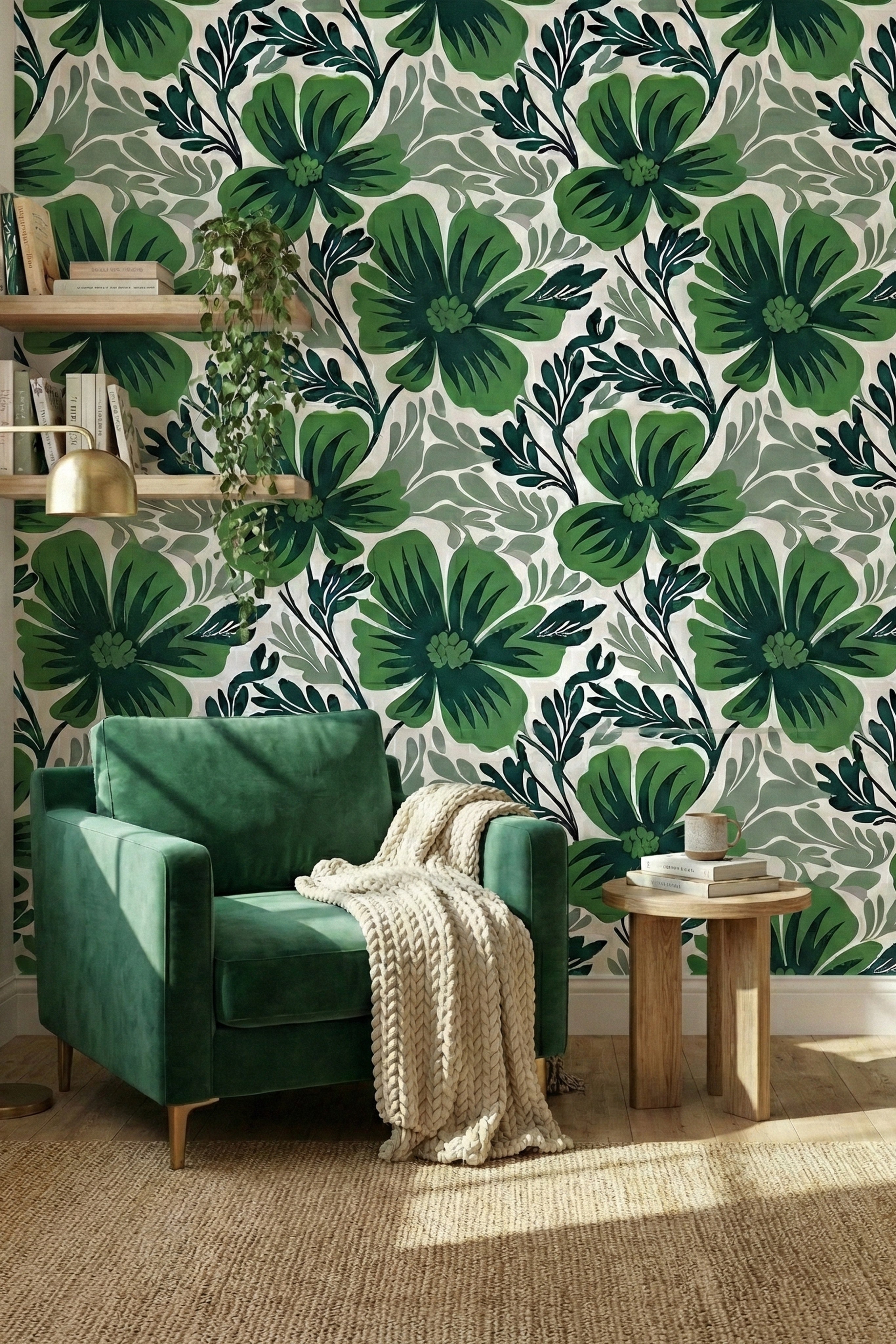 Emerald Jungle wallpaper shown in a reading corner