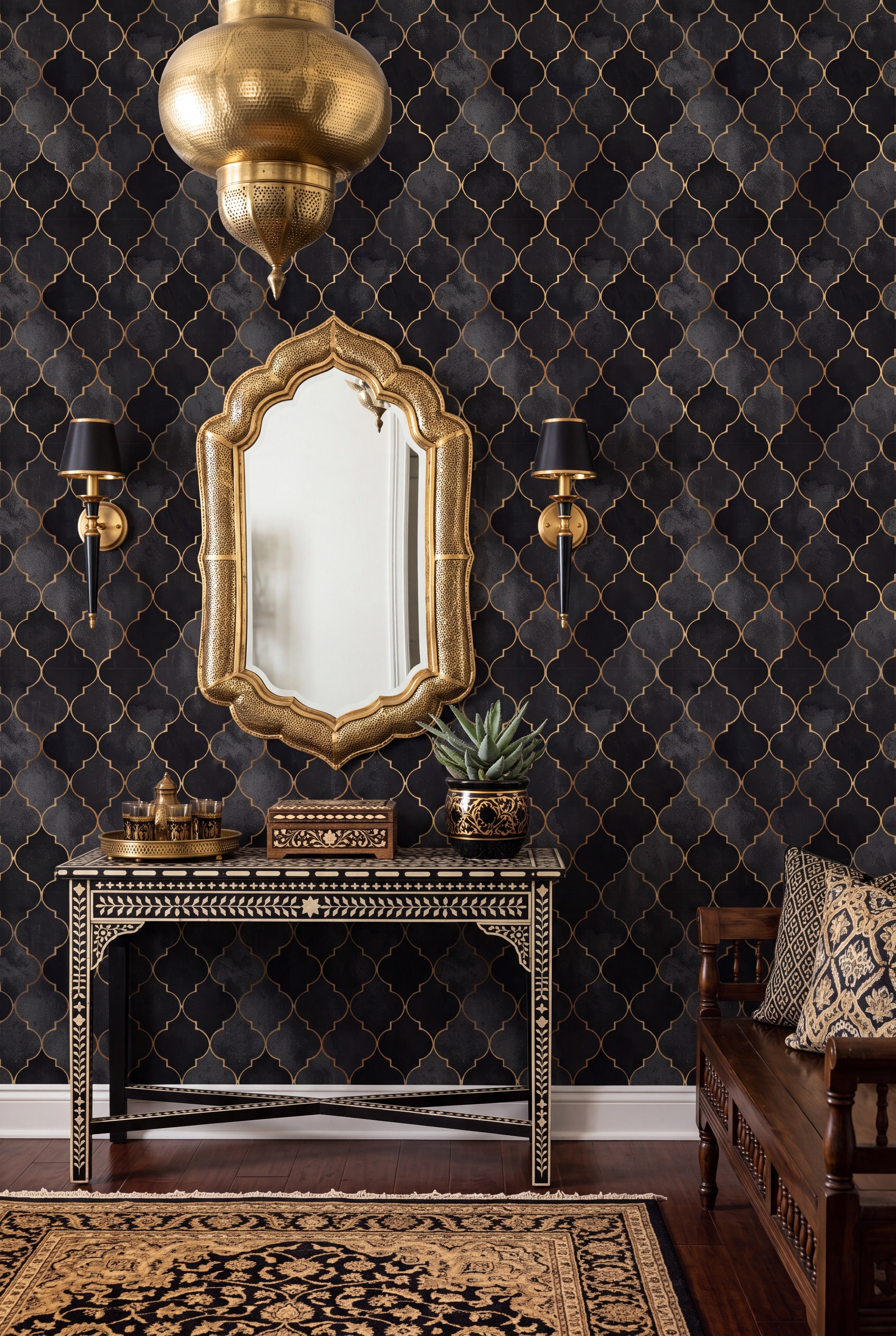 Gatsby Noir wallpaper shown in an entryway