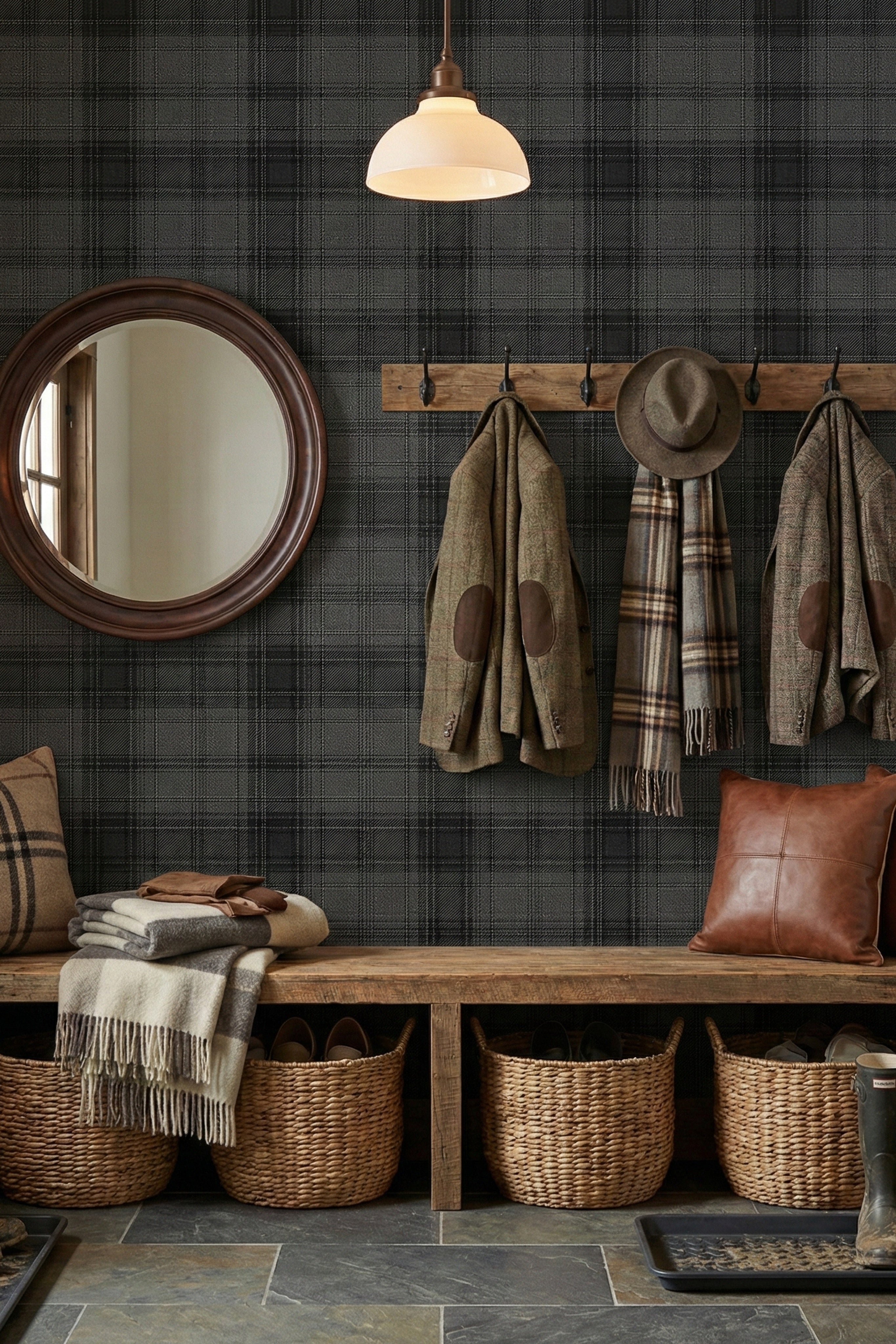 Charcoal Flannel wallpaper shown in a mudroom
