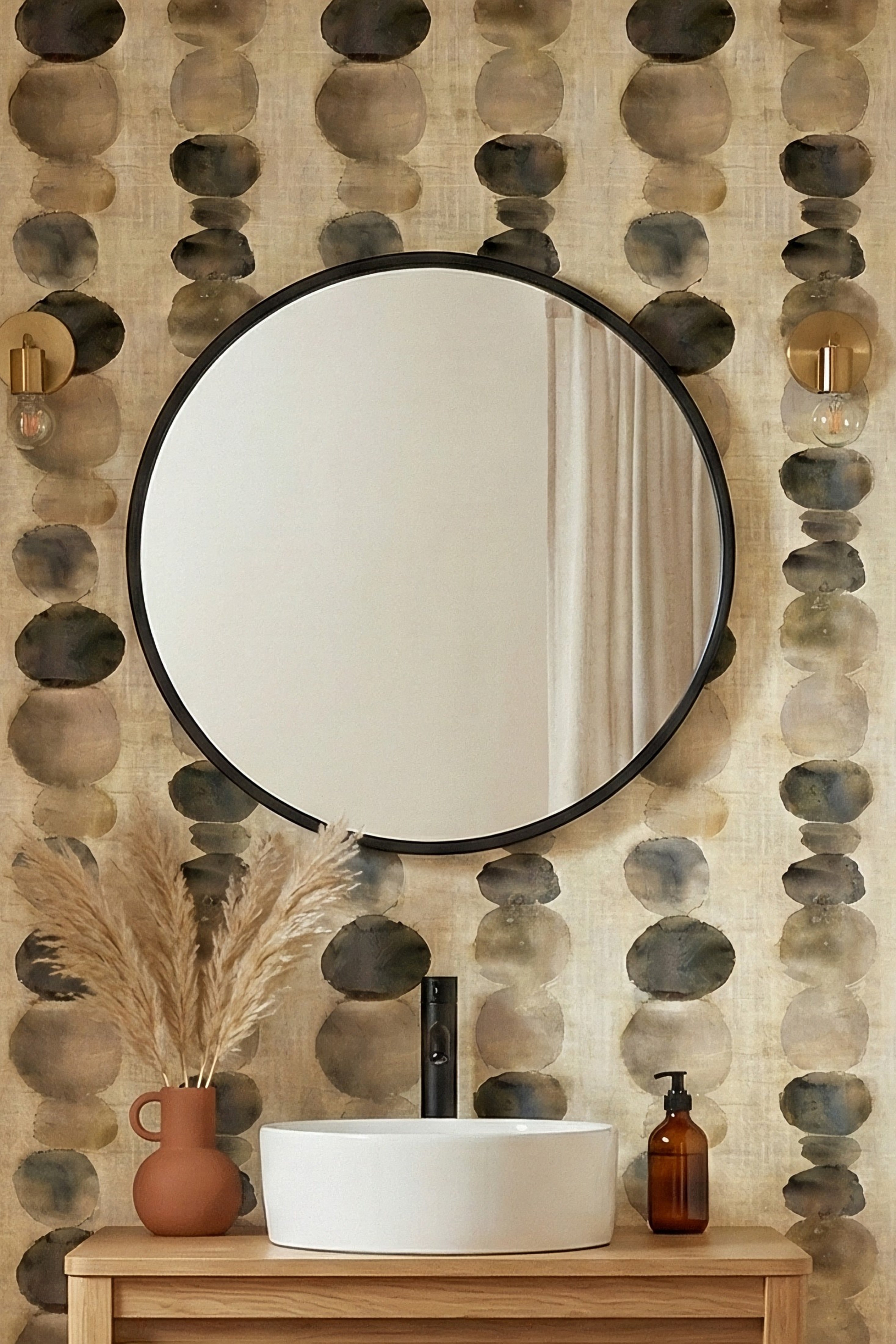 River Stones wallpaper shown in a powder room