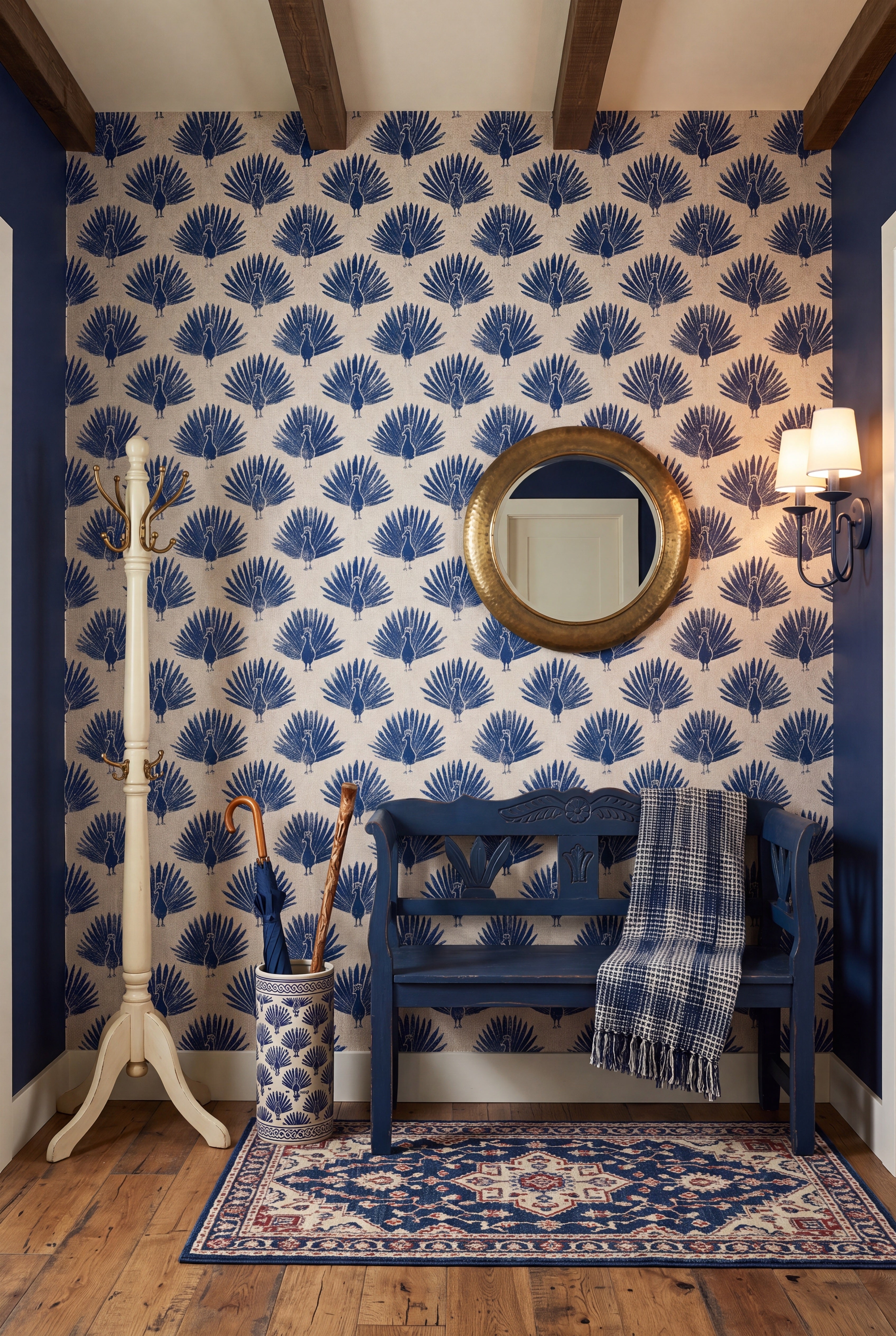 Linen Peacock wallpaper shown in an entryway