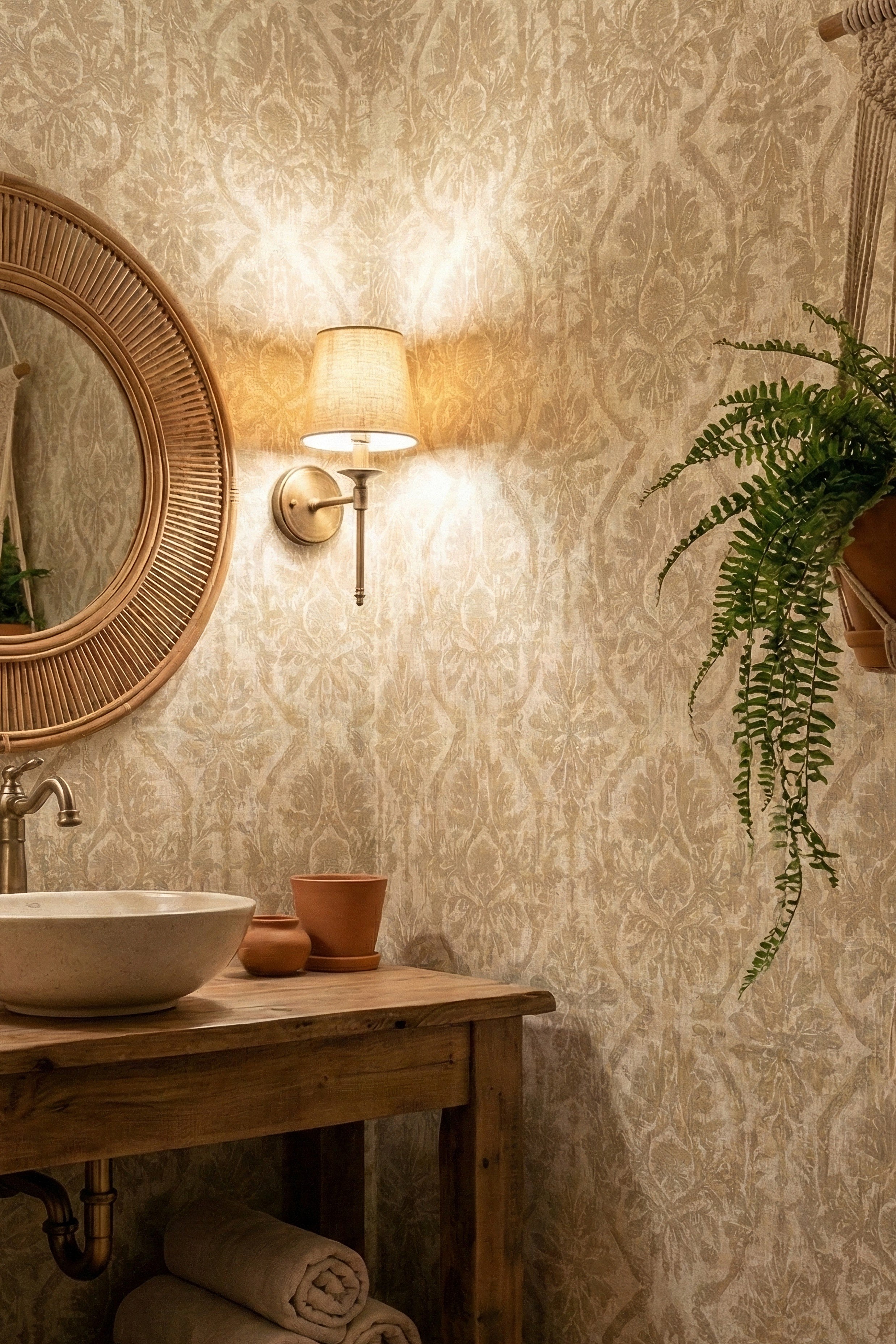 Linen Damask wallpaper shown in a powder room