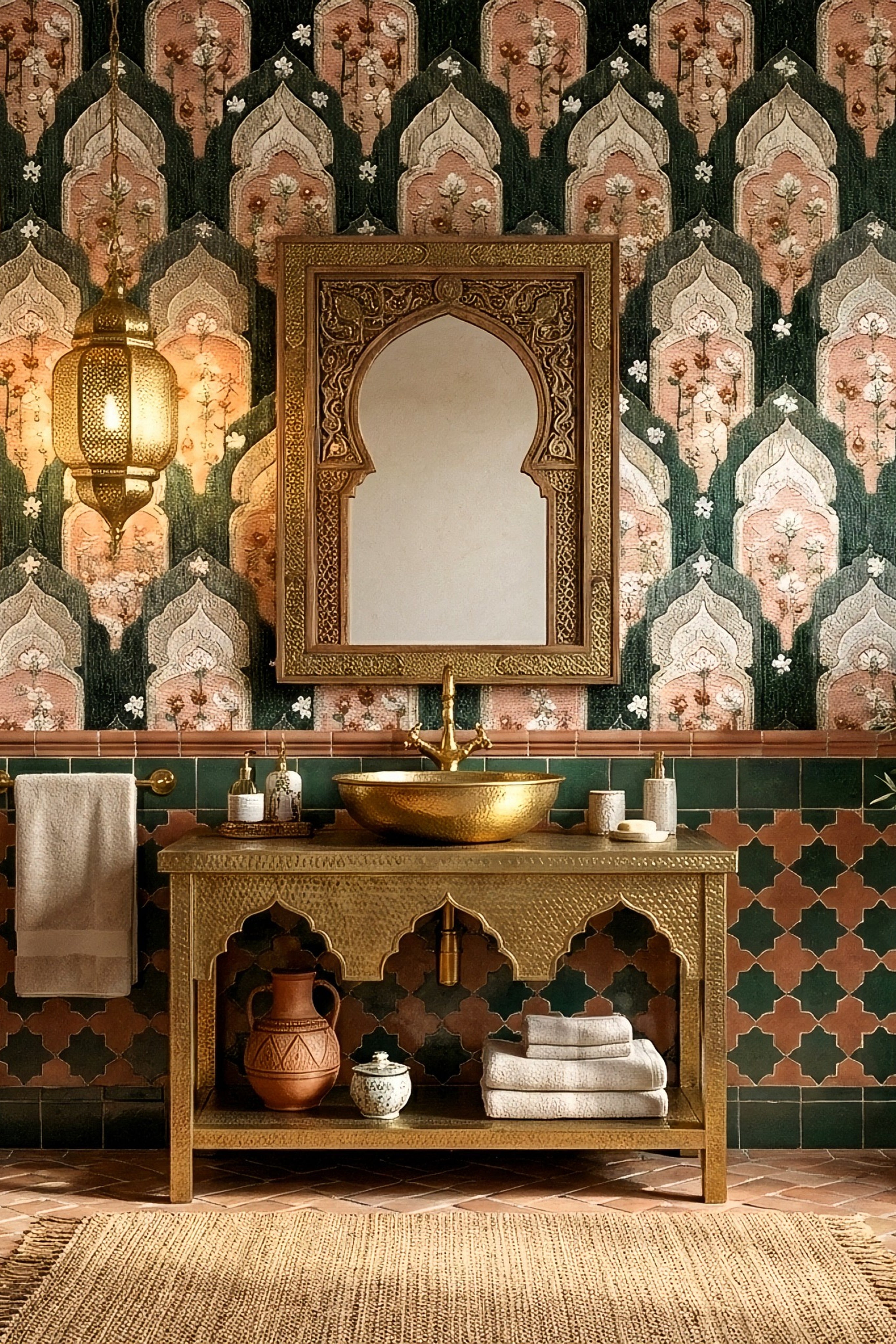 Emerald Medina wallpaper shown in a powder room